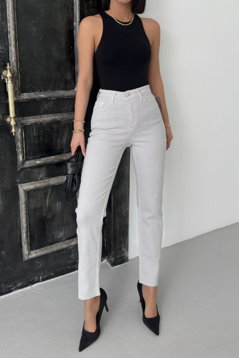 Dikişsiz Paça Mom Fit Kot Pantolon Açık Gri