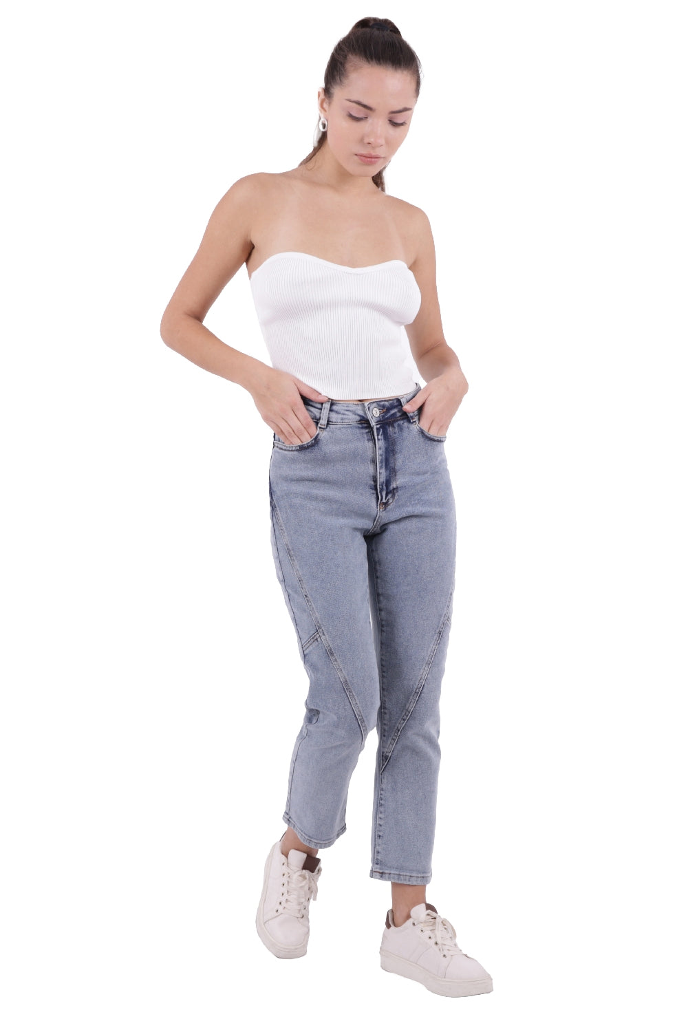 Parçalı Mom Pantolon - Kar Yıkama Açık Mavi - (26-31) - 2