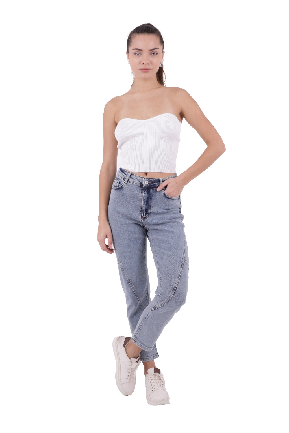Parçalı Mom Pantolon - Kar Yıkama Açık Mavi - (26-31) - 3