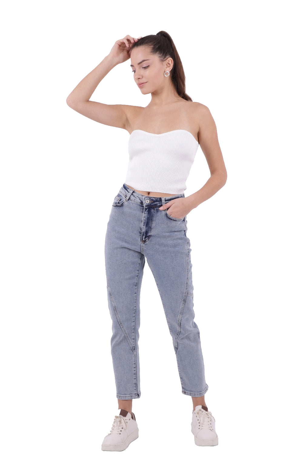 Parçalı Mom Pantolon - Kar Yıkama Açık Mavi - (26-31) - 4