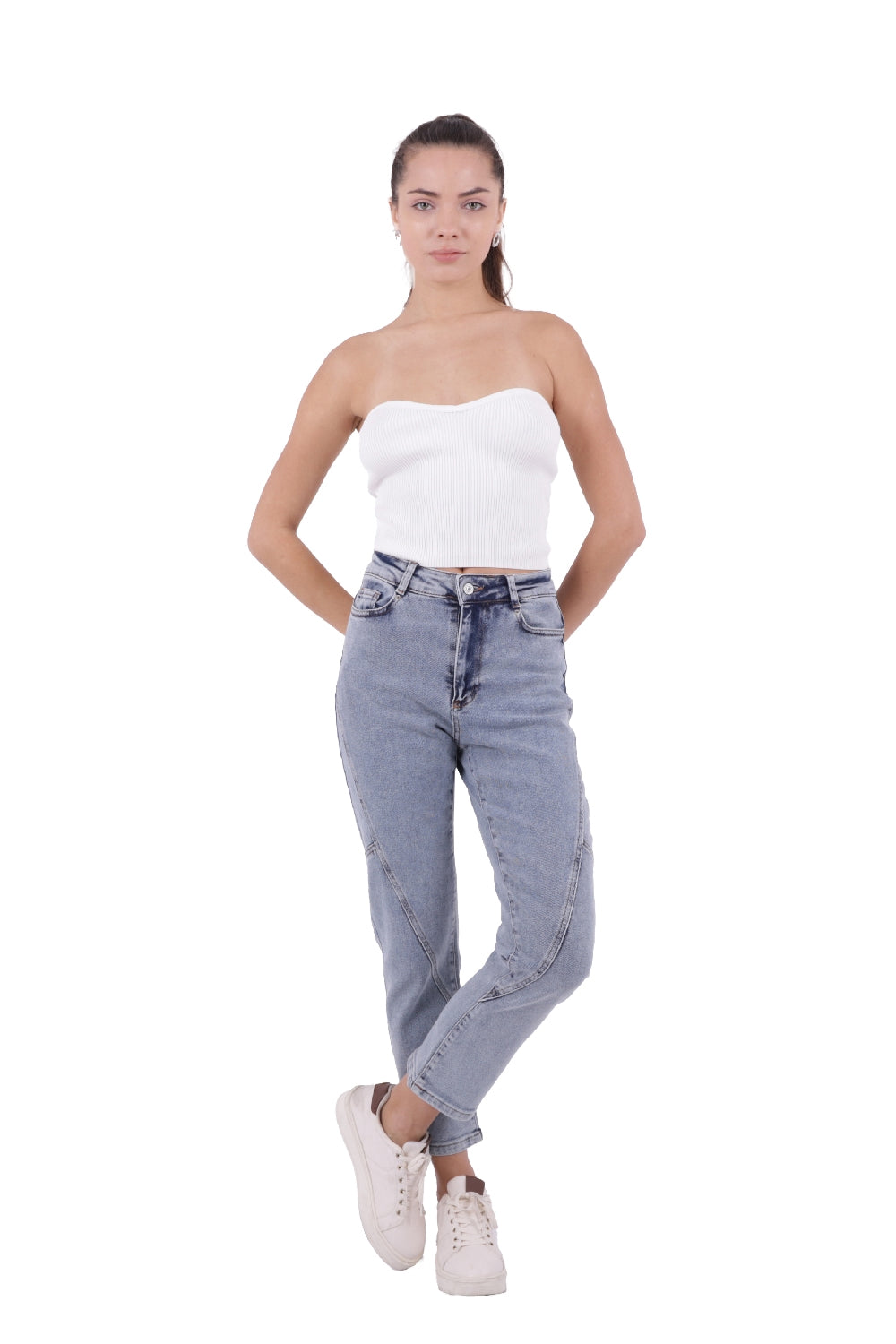 Parçalı Mom Pantolon - Kar Yıkama Açık Mavi - (26-31) - 5