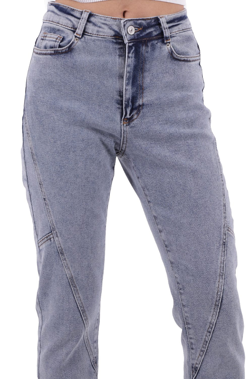 Parçalı Mom Pantolon - Kar Yıkama Açık Mavi - (26-31) - 6