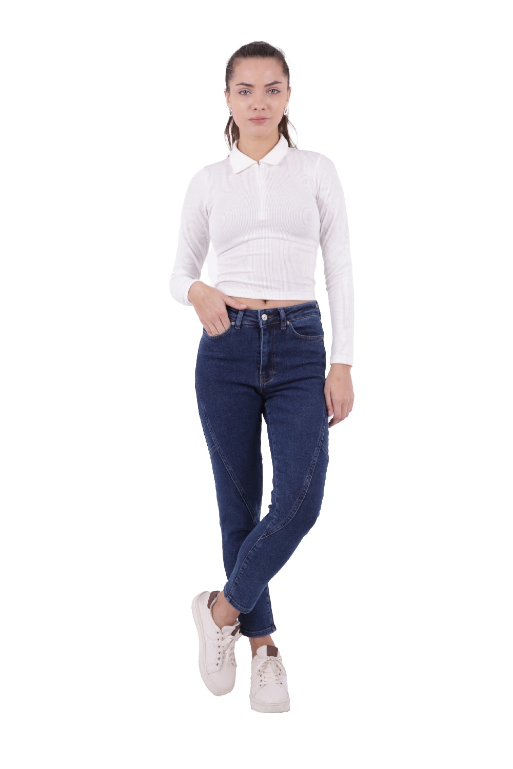 Parçalı Mom Pantolon - Düz Koyu Rins - (26-31) - 3
