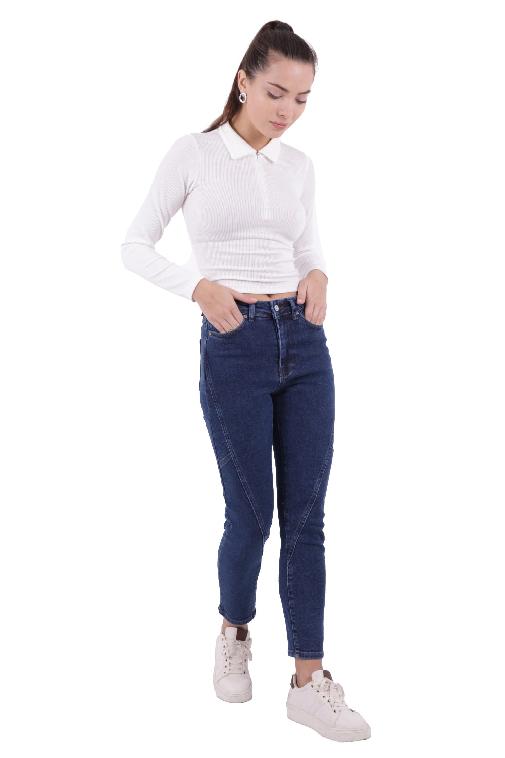 Parçalı Mom Pantolon - Düz Koyu Rins - (26-31) - 4