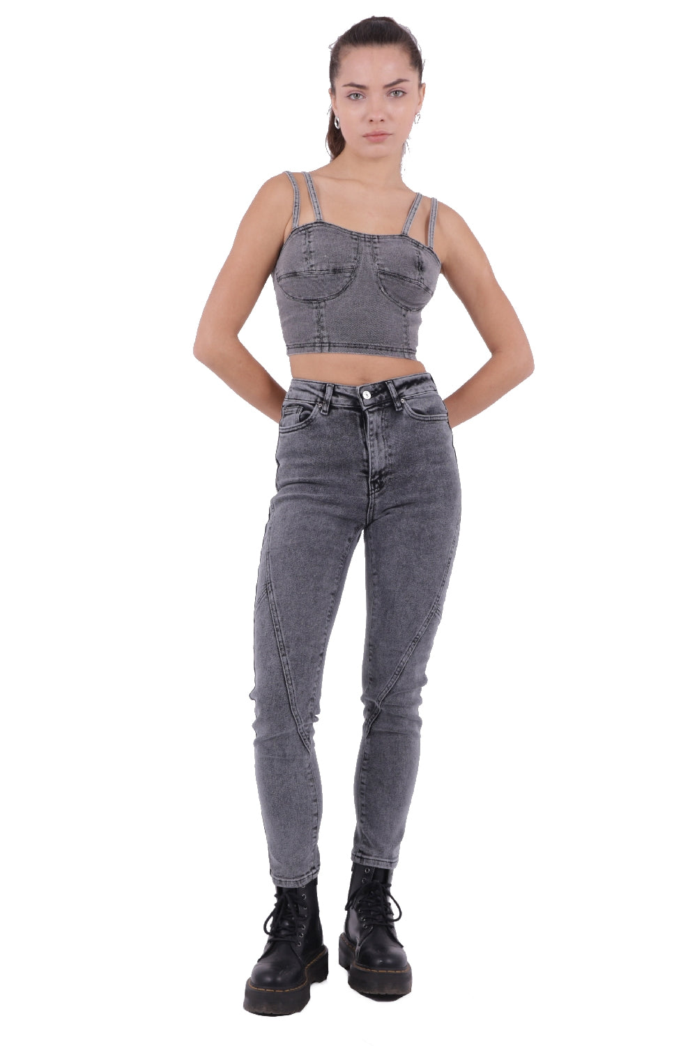 Parçalı Mom Pantolon - Gri Kar Yıkama - (26-31) - 3