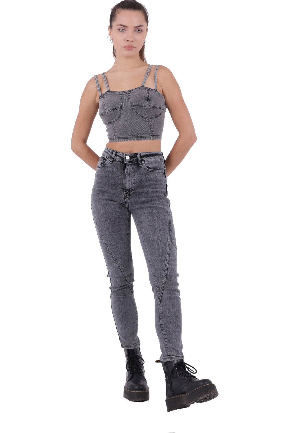 Parçalı Mom Pantolon - Gri Kar Yıkama - (26-31) - 4