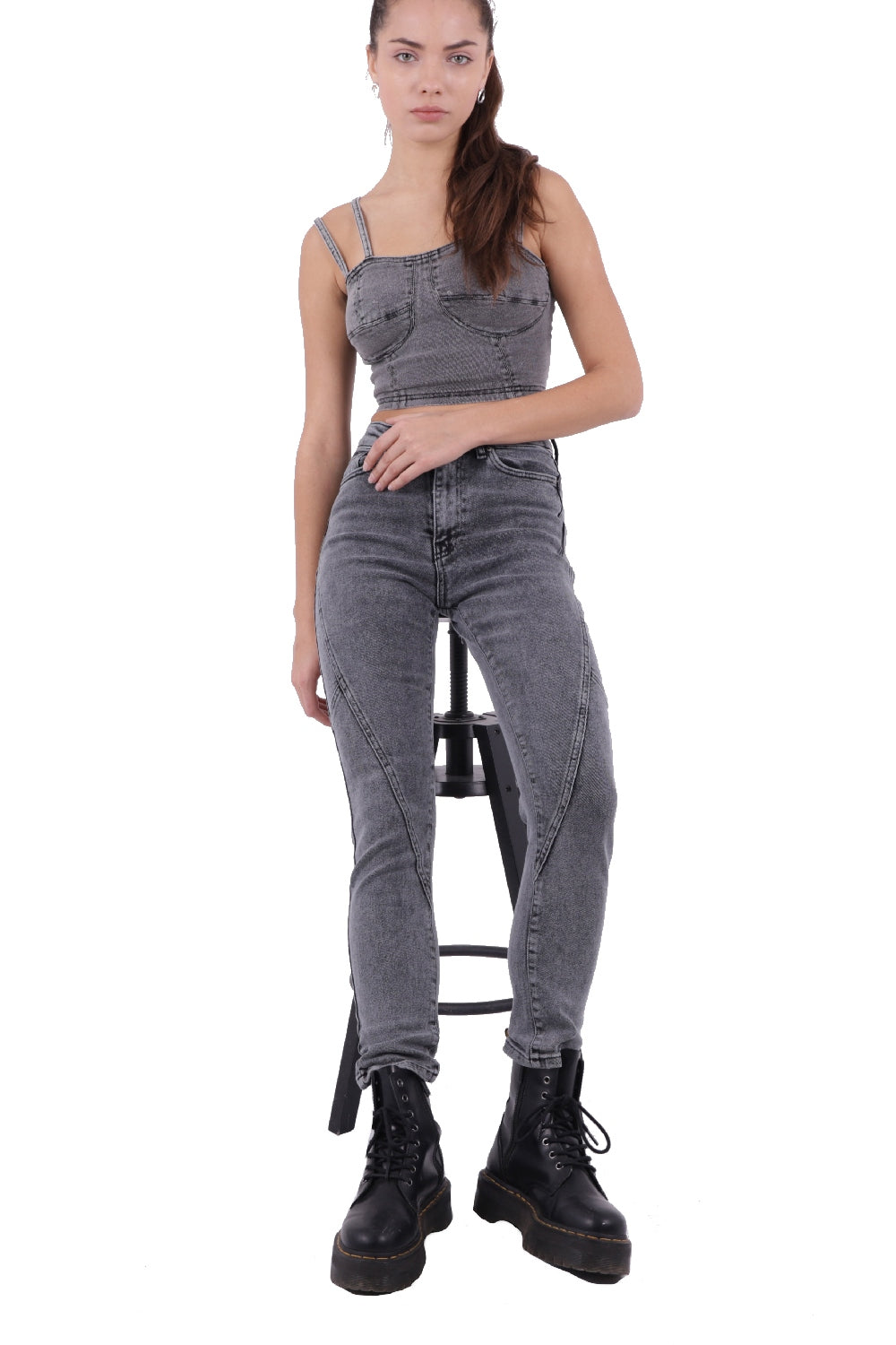 Parçalı Mom Pantolon - Gri Kar Yıkama - (26-31) - 6