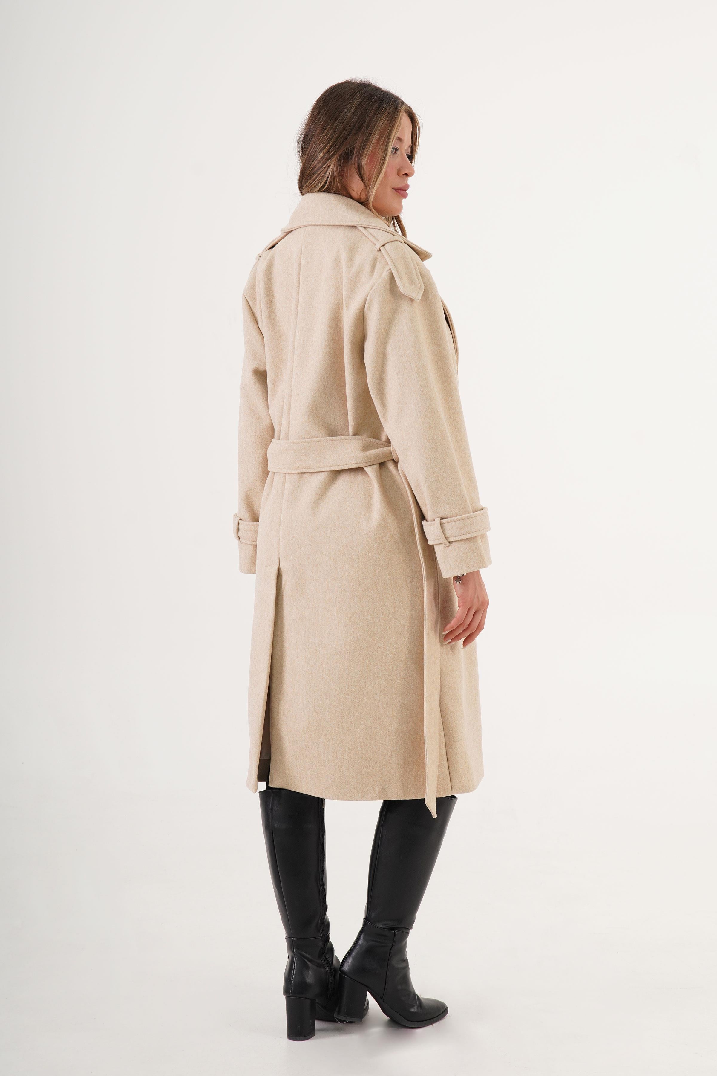 Apolet Detaylı Kuşaklı Toptan Taş Kaşe Kaban