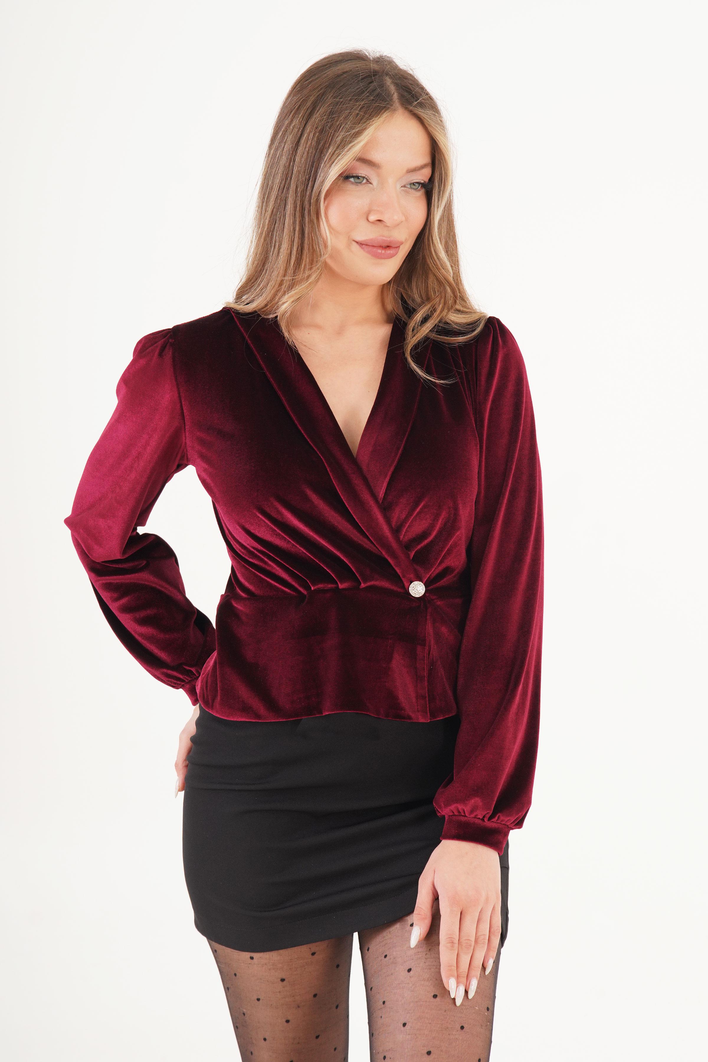 V Yaka Bordo Kadife Toptan Bluz