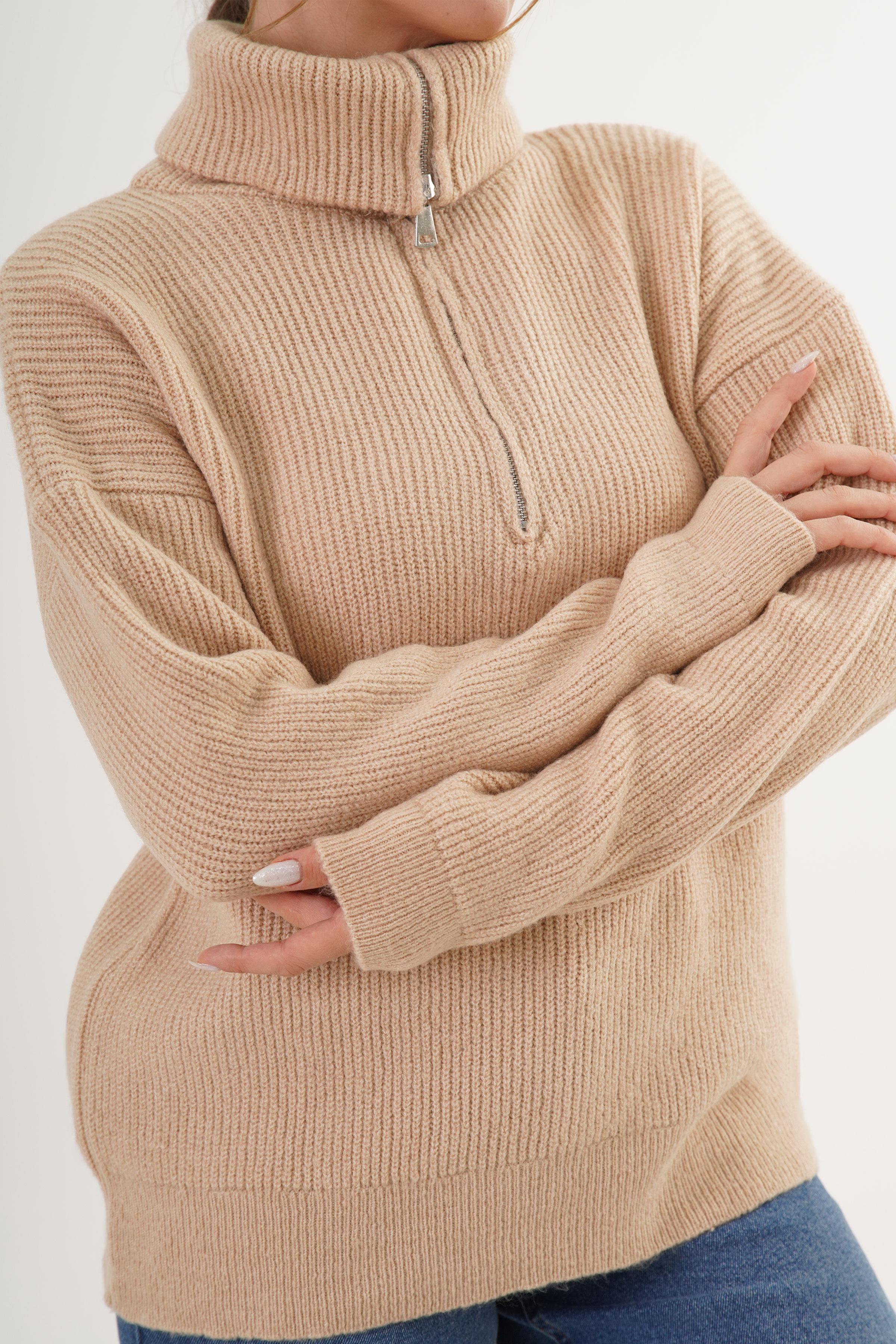 Fermuar Yakalı Selanik Örme Camel Toptan Kazak