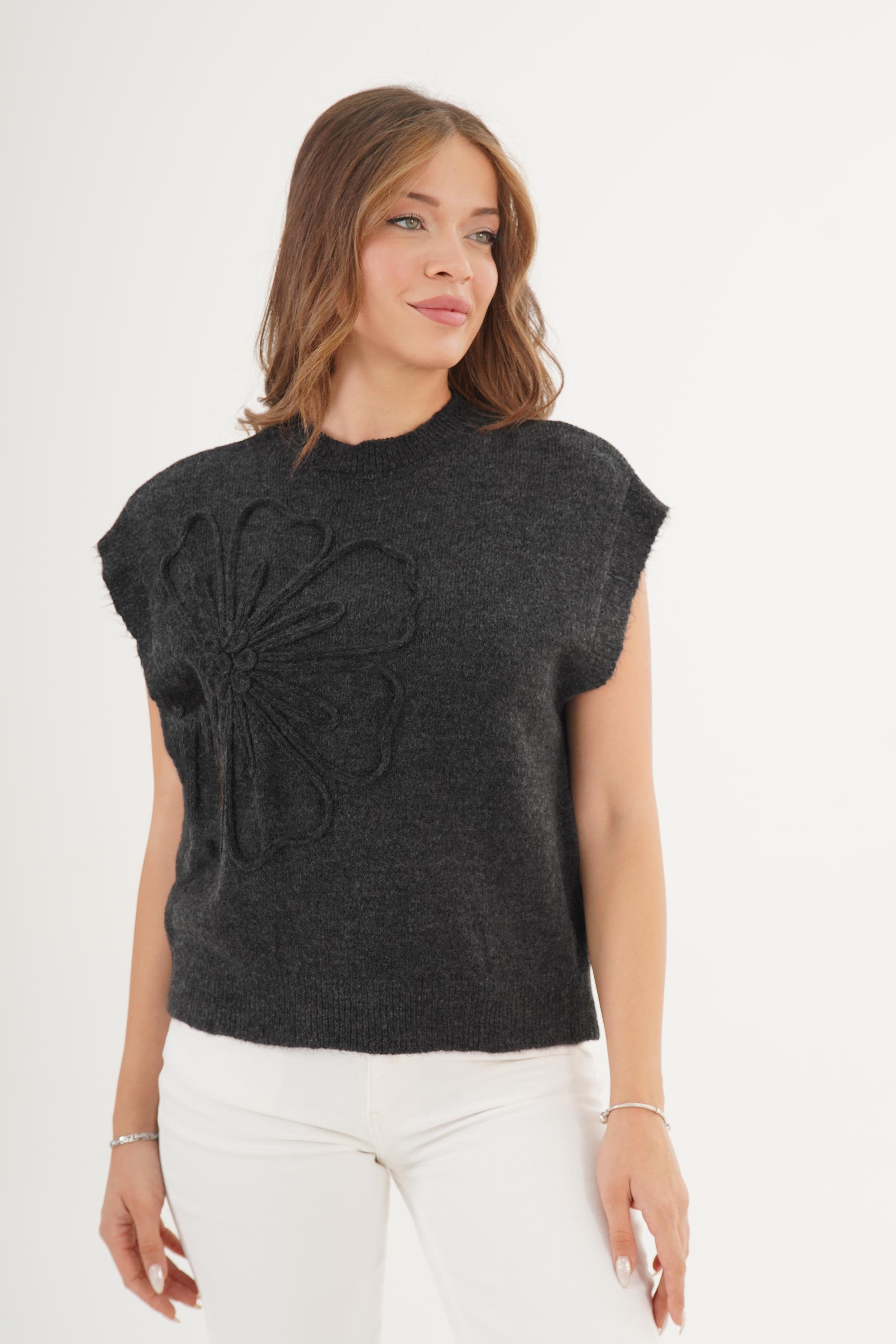 Papatya Desenli Toptan Antrasit Triko Süveter Antrasit STD