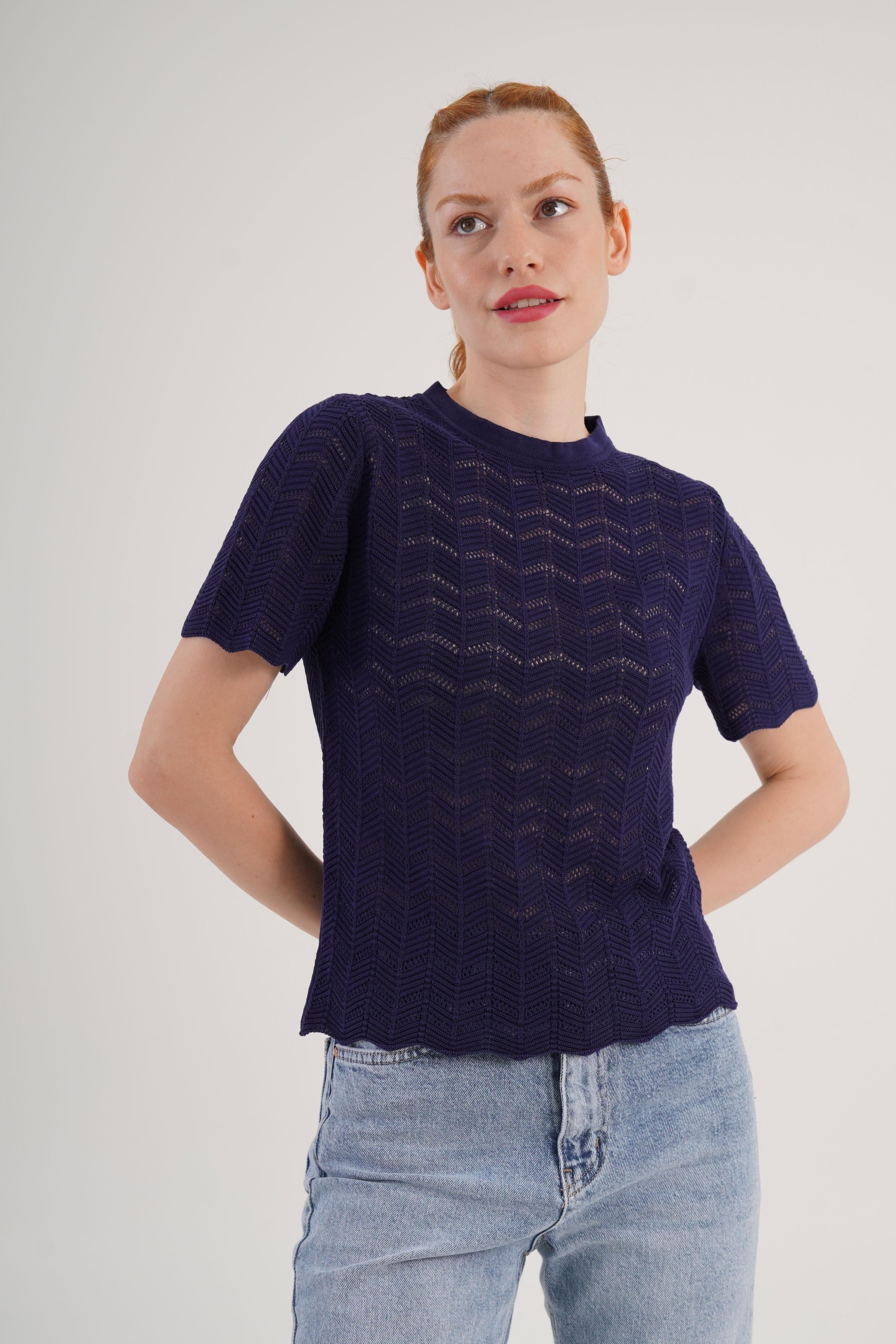 Örgü Model Kısa Kol Toptan Lacivert Triko Bluz Lacivert STD