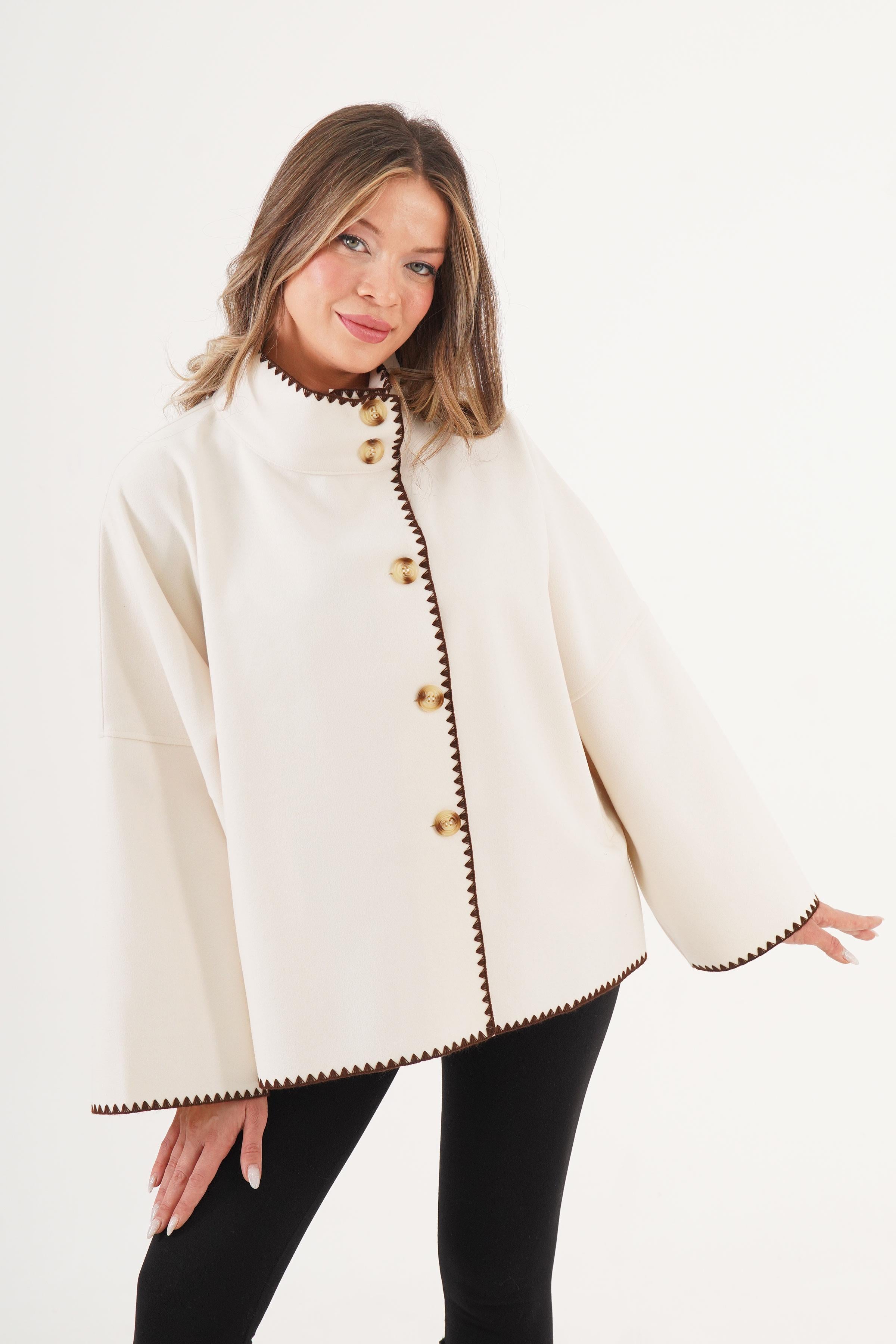 Kroşatalı Düğmeli Toptan Ekru Panço