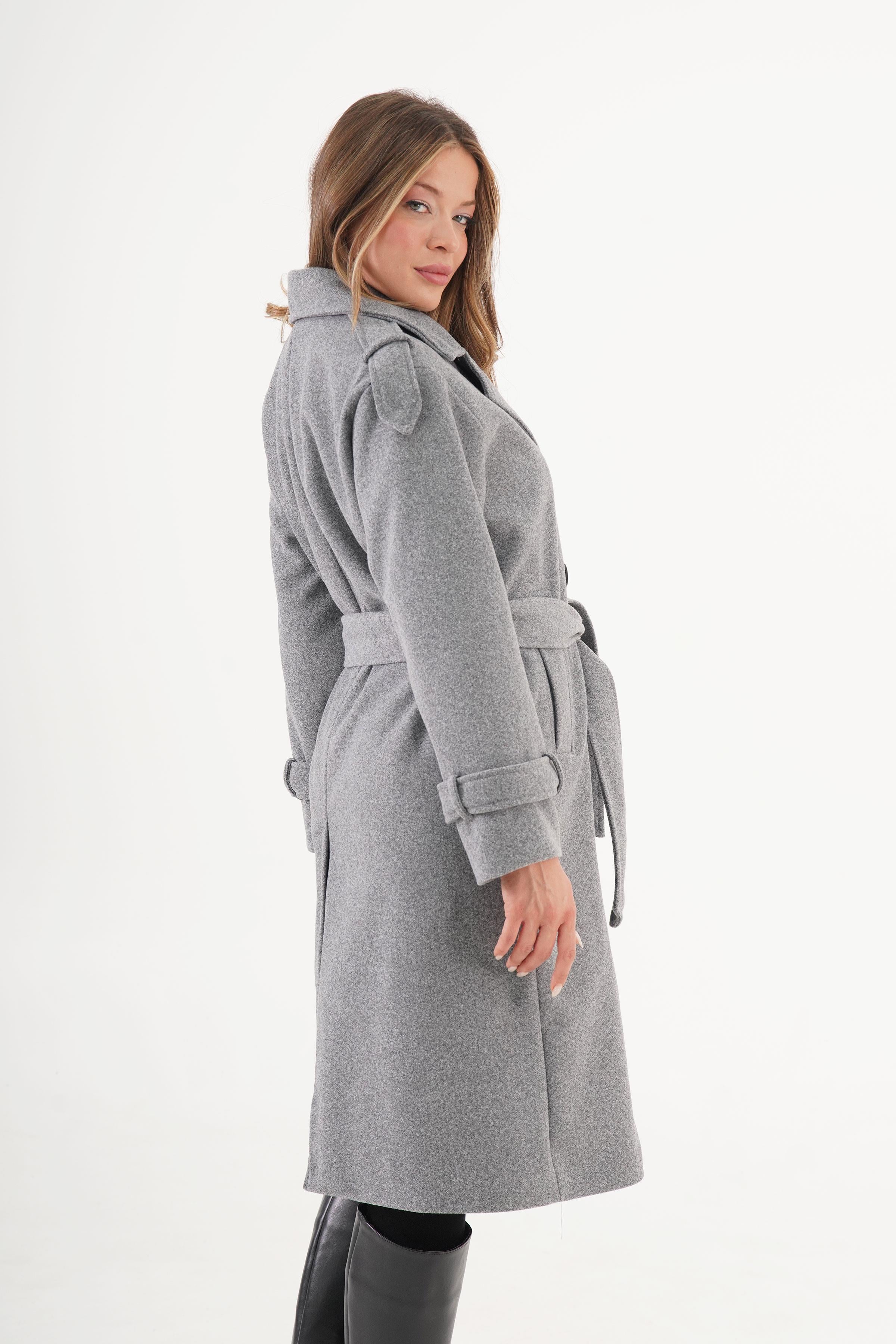 Apolet Detaylı Kuşaklı Toptan Antrasit Kaşe Kaban