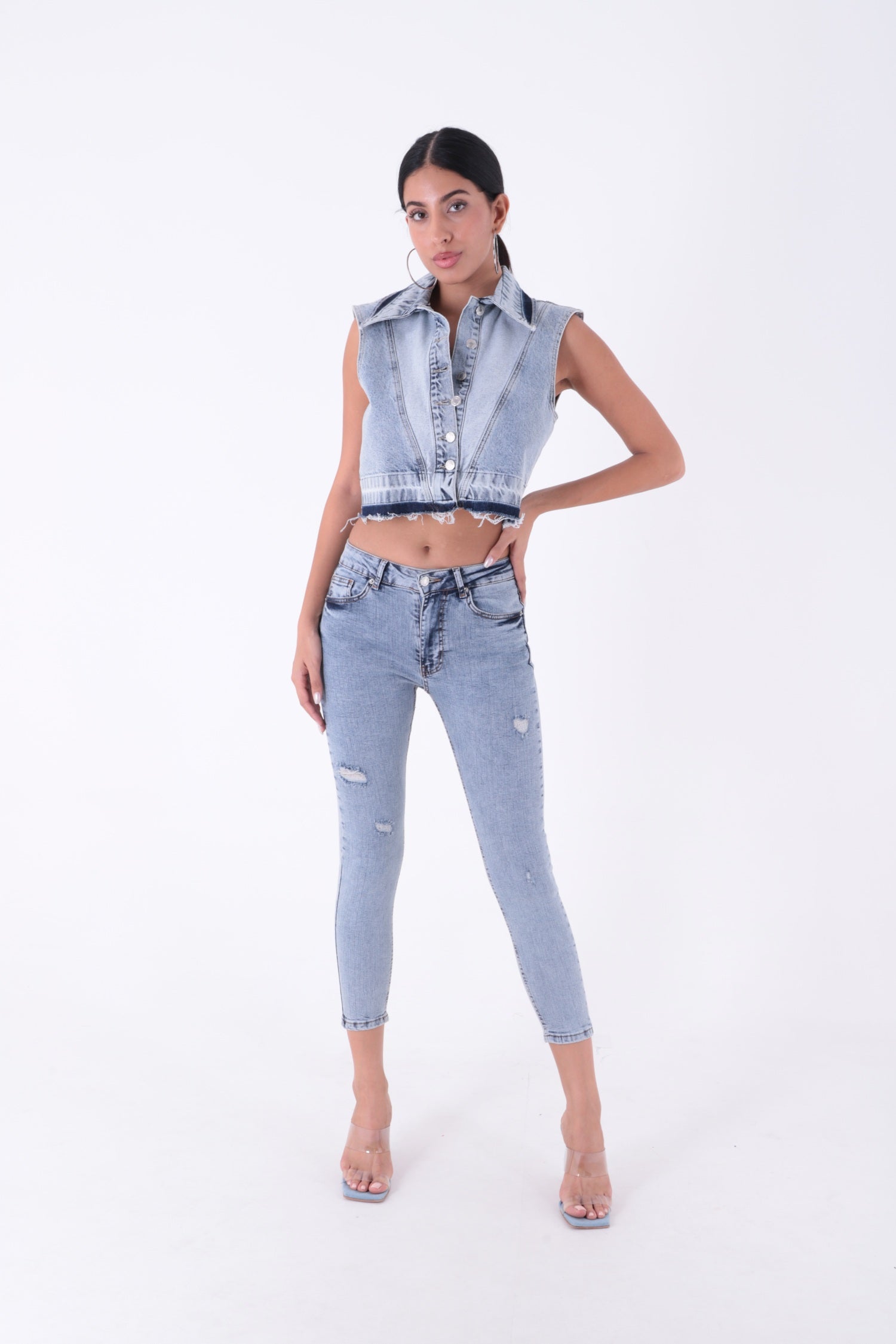 Skinny Kot Pantolon Kar Yıkama Açık Mavi