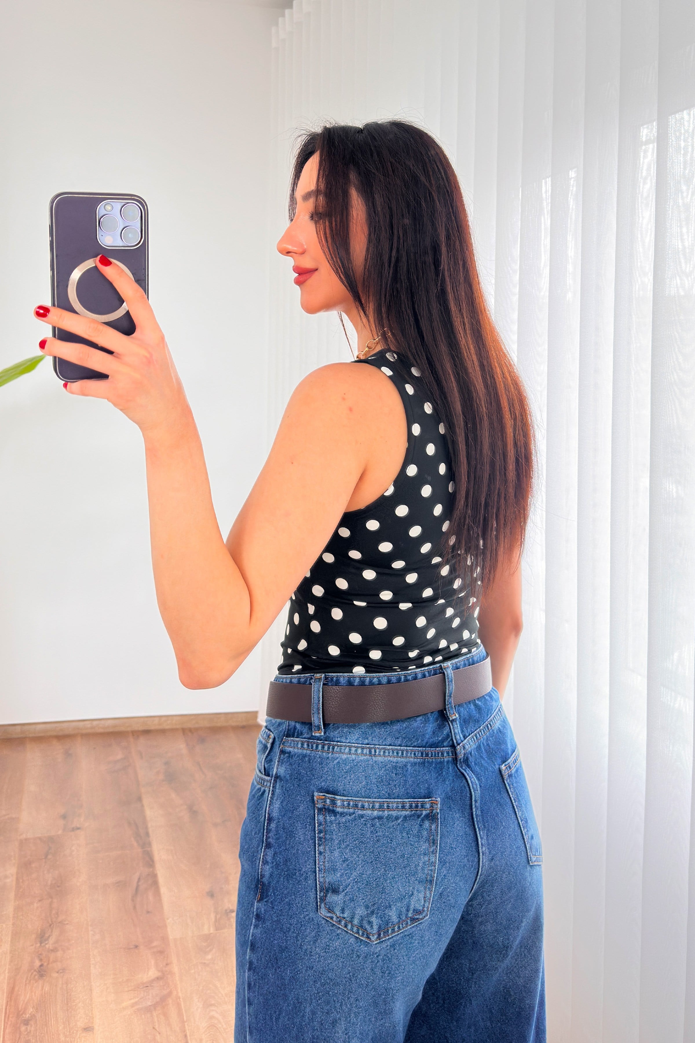 Puantiyeli Bisiklet Yaka Toptan Siyah Atlet Bluz