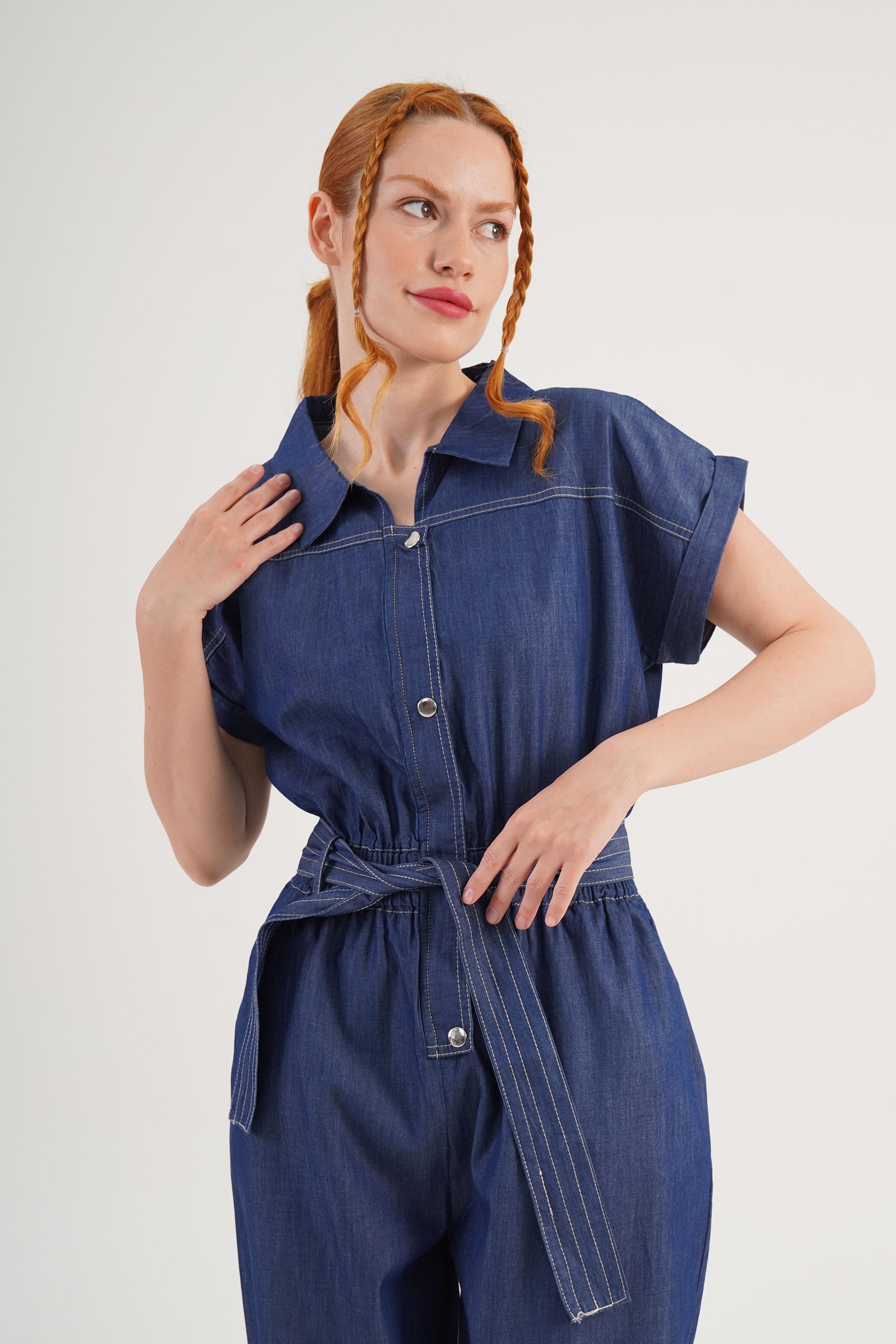 Kısa Kol Kuşaklı Kot Toptan Denim Tulum