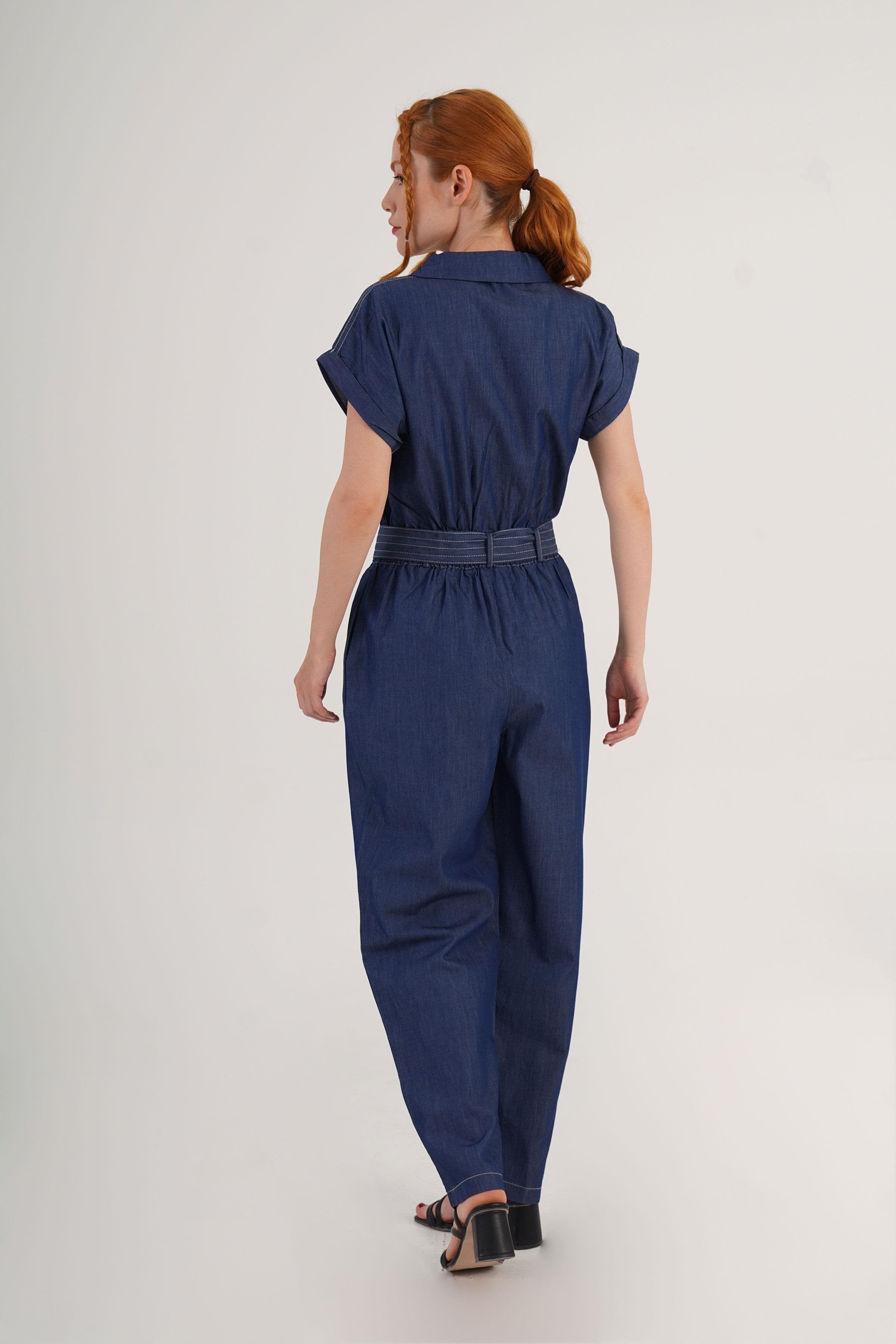 Kısa Kol Kuşaklı Kot Toptan Denim Tulum
