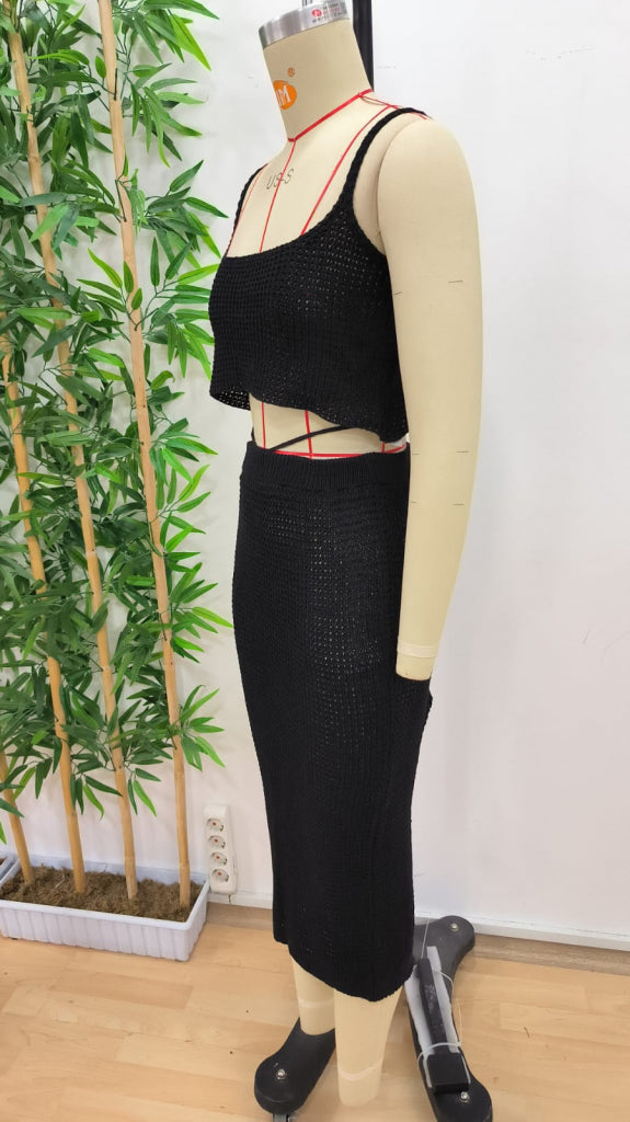 Kadın Askılı Crop Bel Detaylı Derin Yırtmaçlı Etek Triko Ikili Takım , 36113