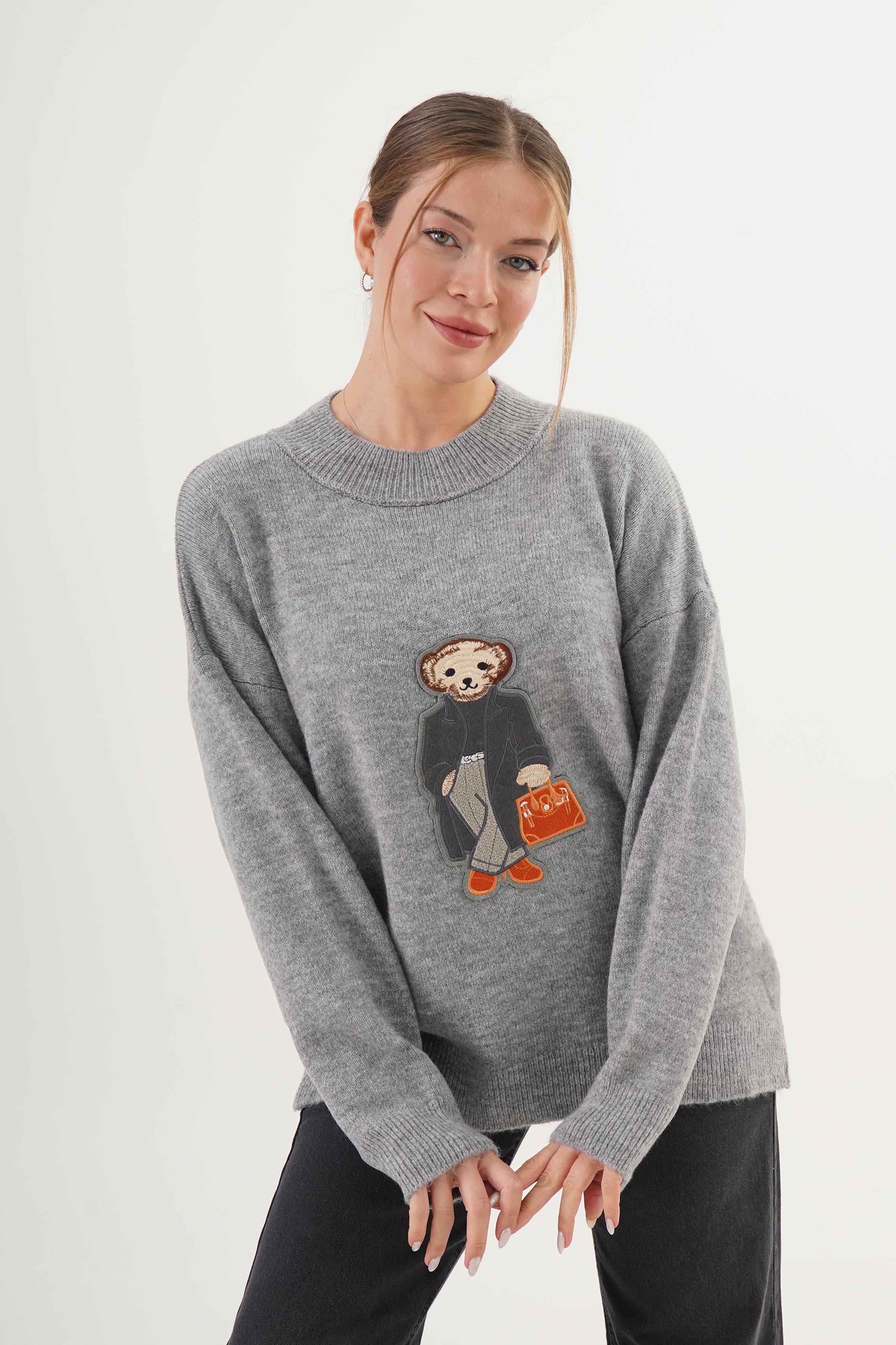 Ayıcık Nakışlı Bisiklet Yaka Toptan Gri Triko Kazak