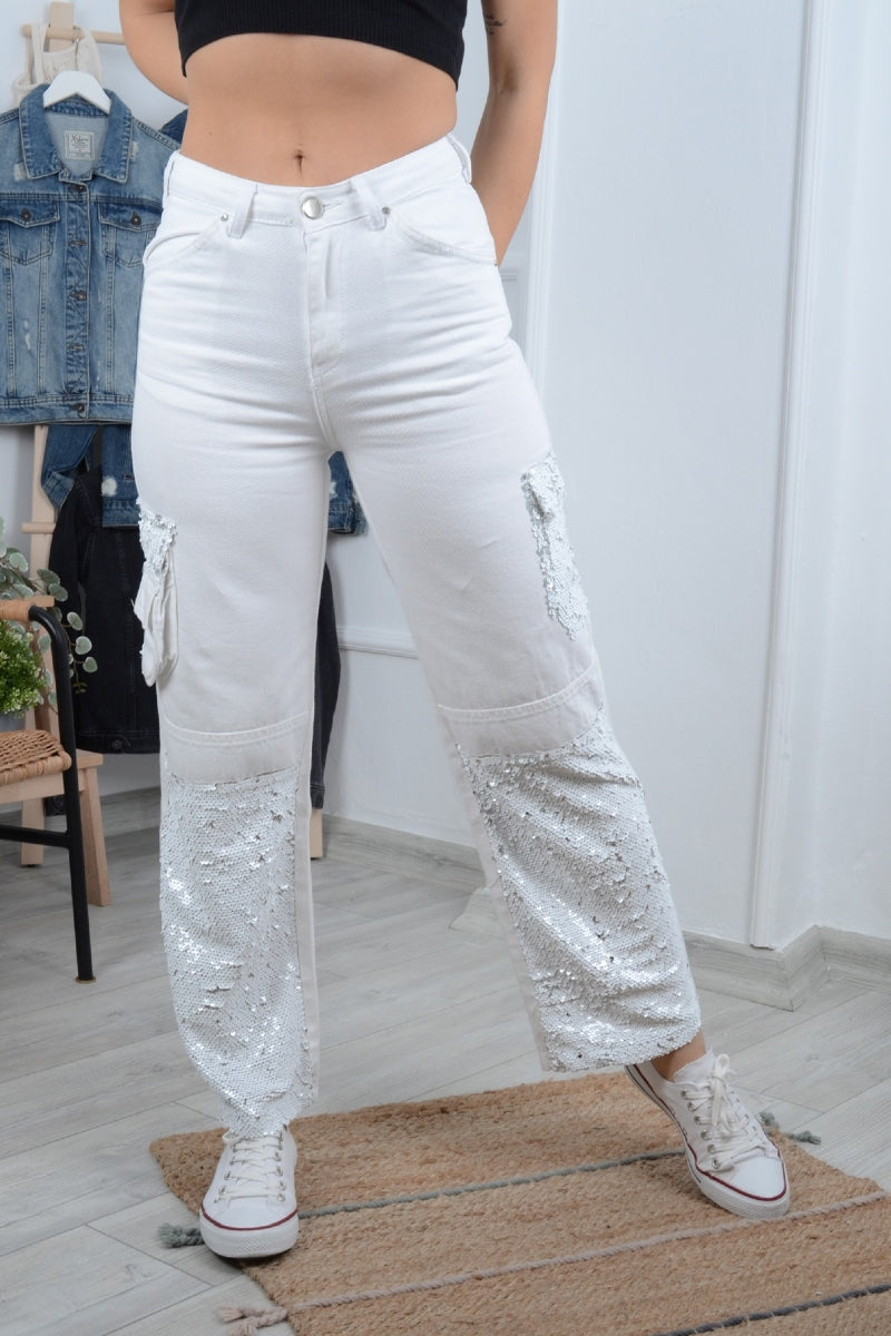 Pul Payetli Kot Pantolon - Beyaz - (27-32) - 3