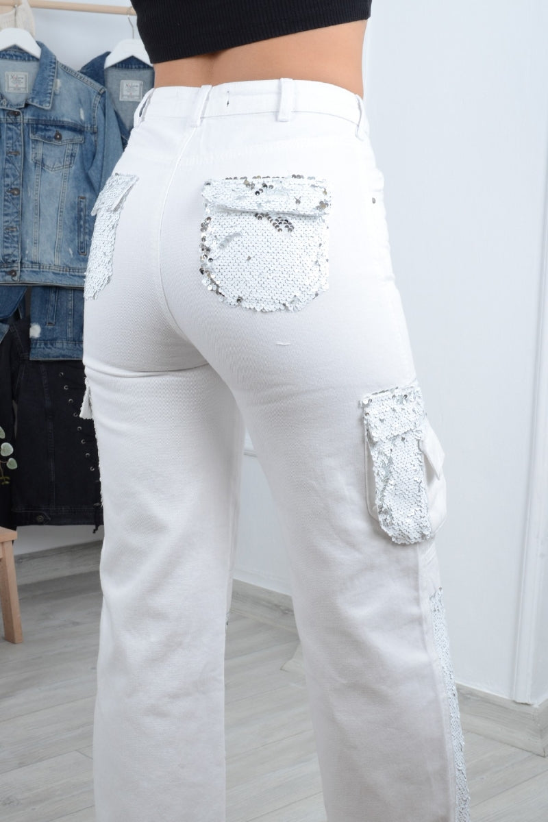 Pul Payetli Kot Pantolon - Beyaz - (27-32) - 4
