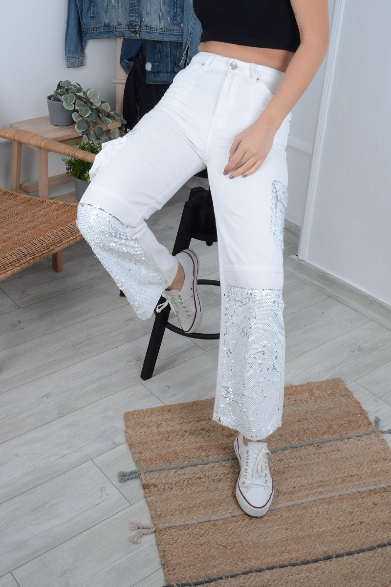 Pul Payetli Kot Pantolon - Beyaz - (27-32) - 6