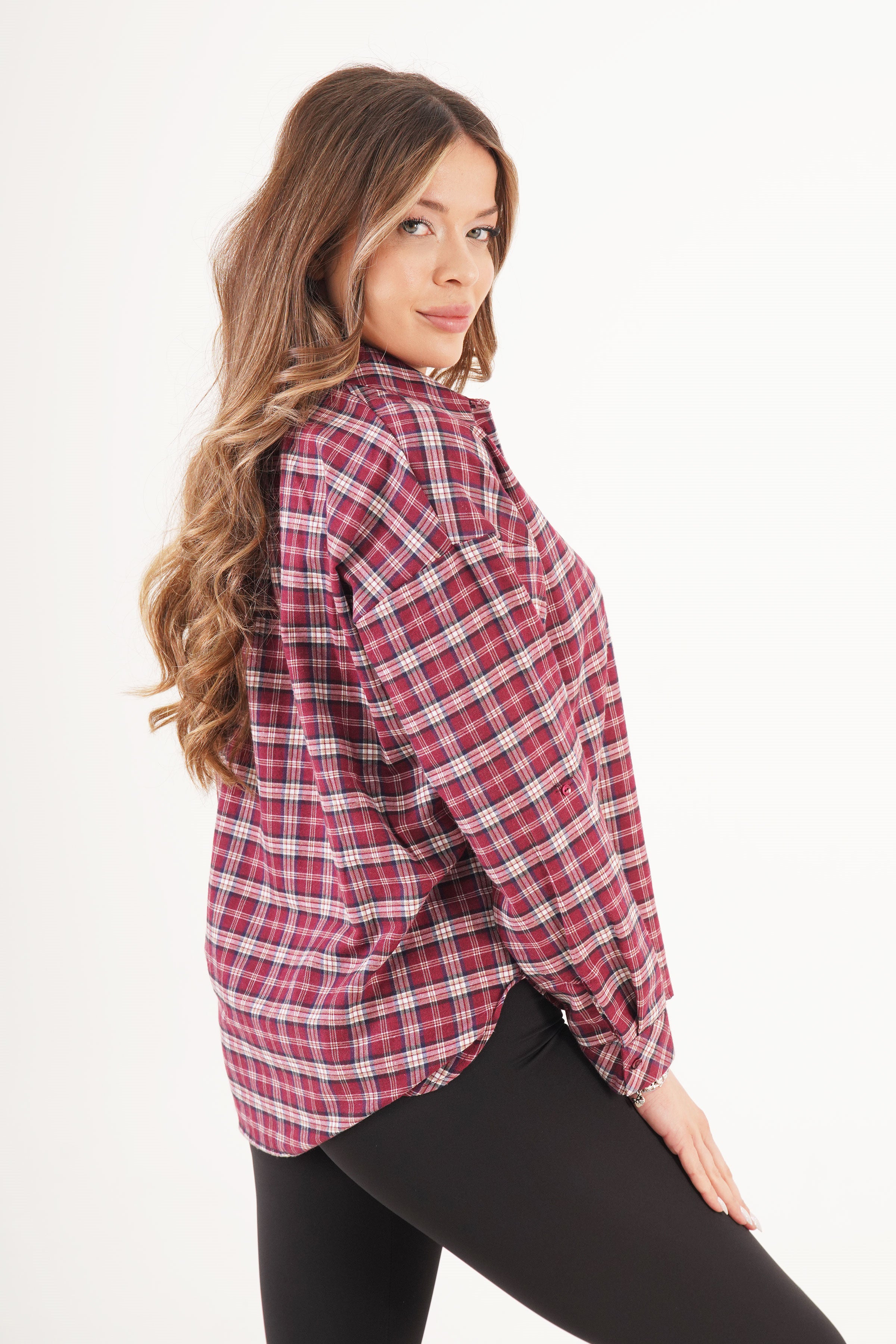 Ekose Düğmeli Bordo Oduncu Gömlek