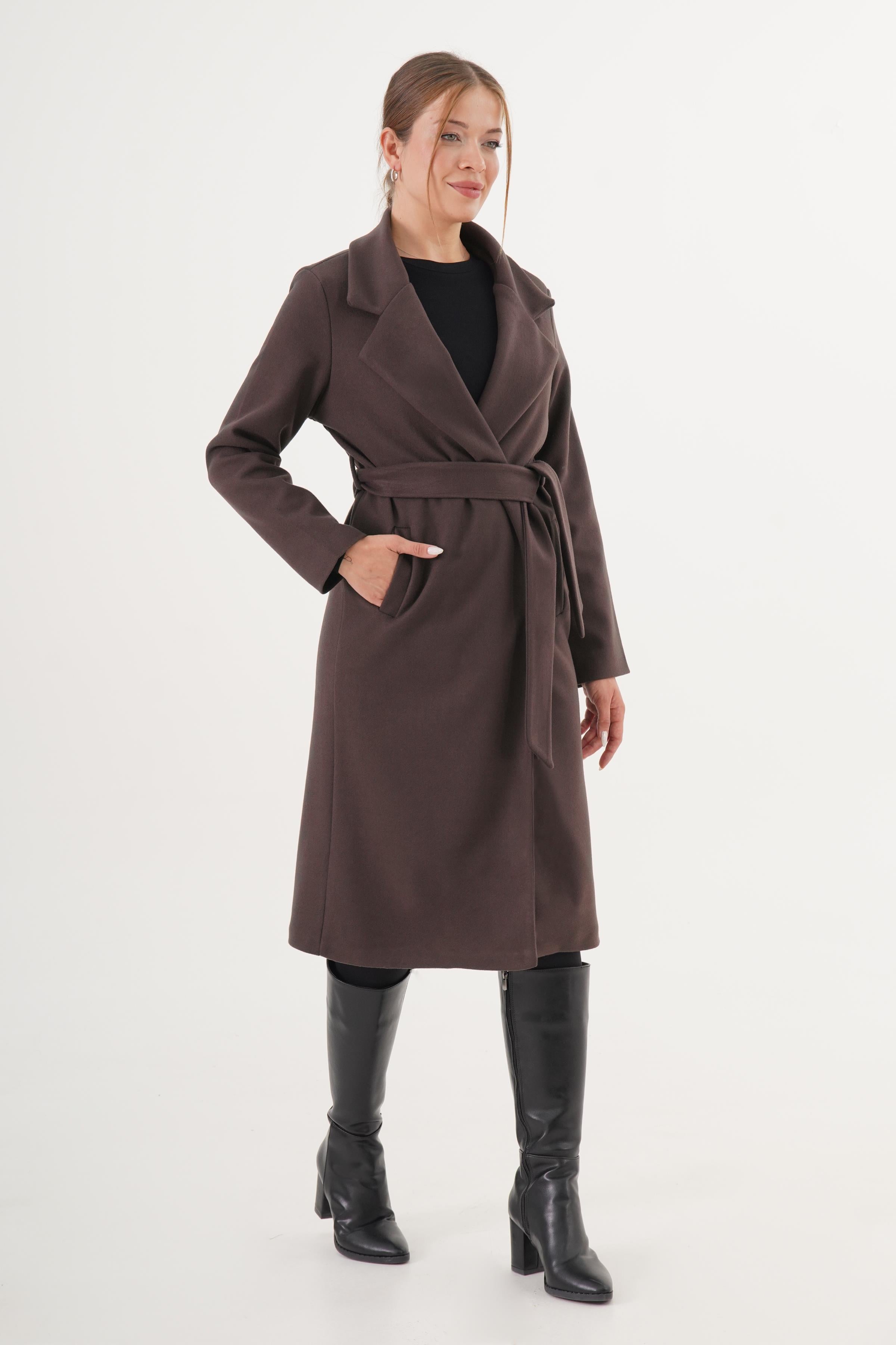 Beli Kuşaklı Astarlı Toptan Kahve Kaşe Kaban Kahverengi S