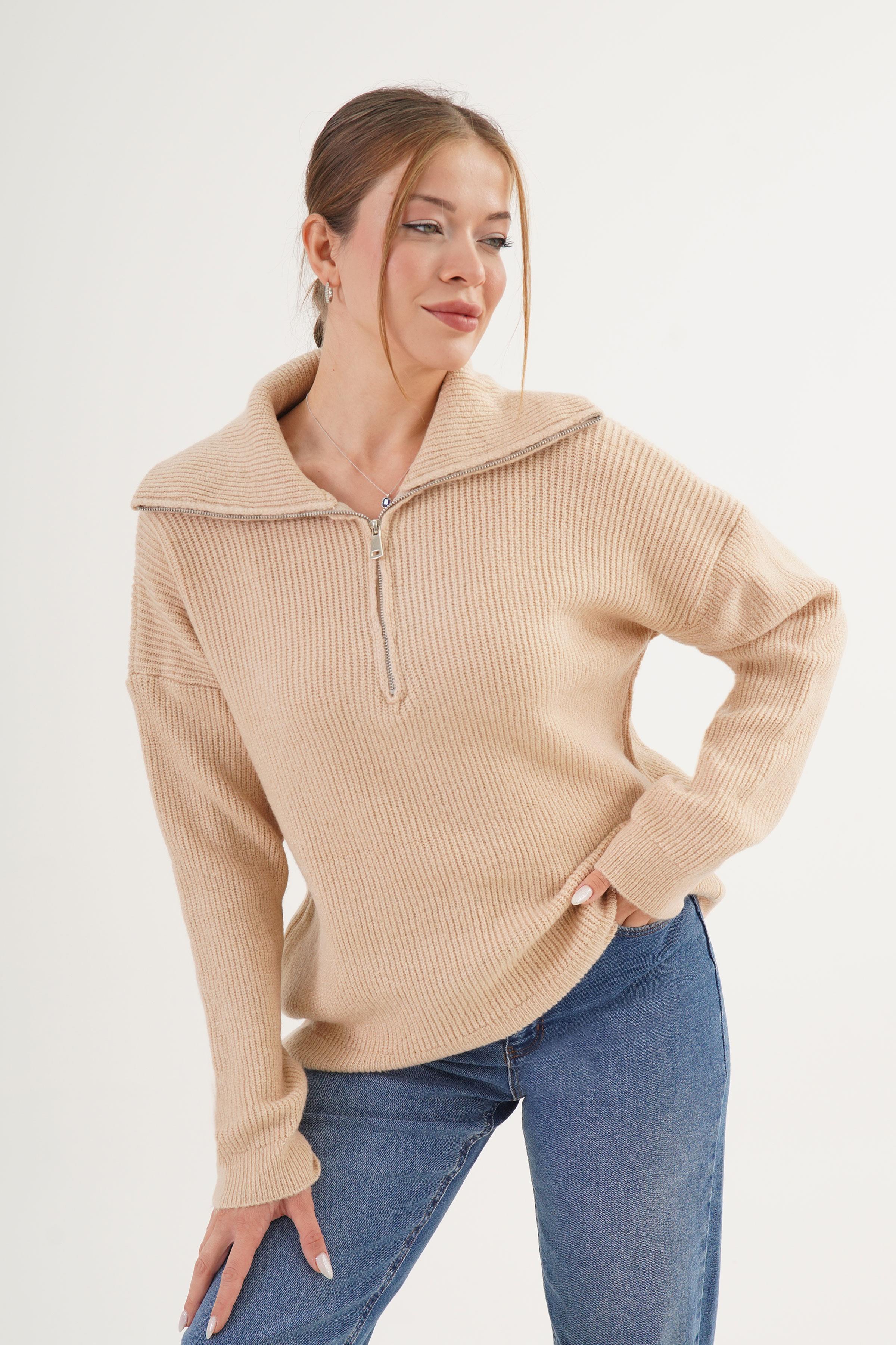 Fermuar Yakalı Selanik Örme Camel Toptan Kazak