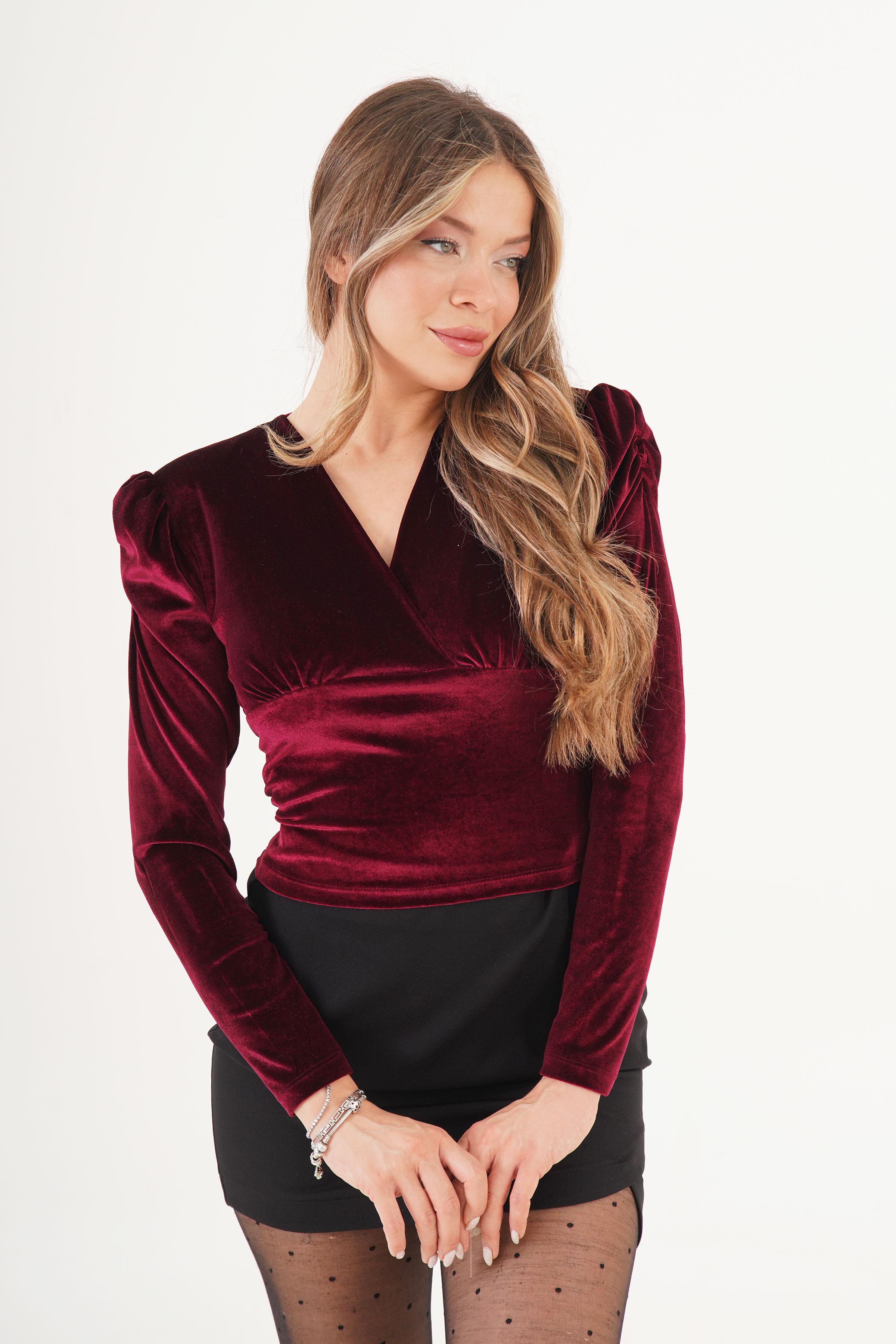 Kruvaze Yaka Vatkalı Kadife Bordo Toptan Bluz