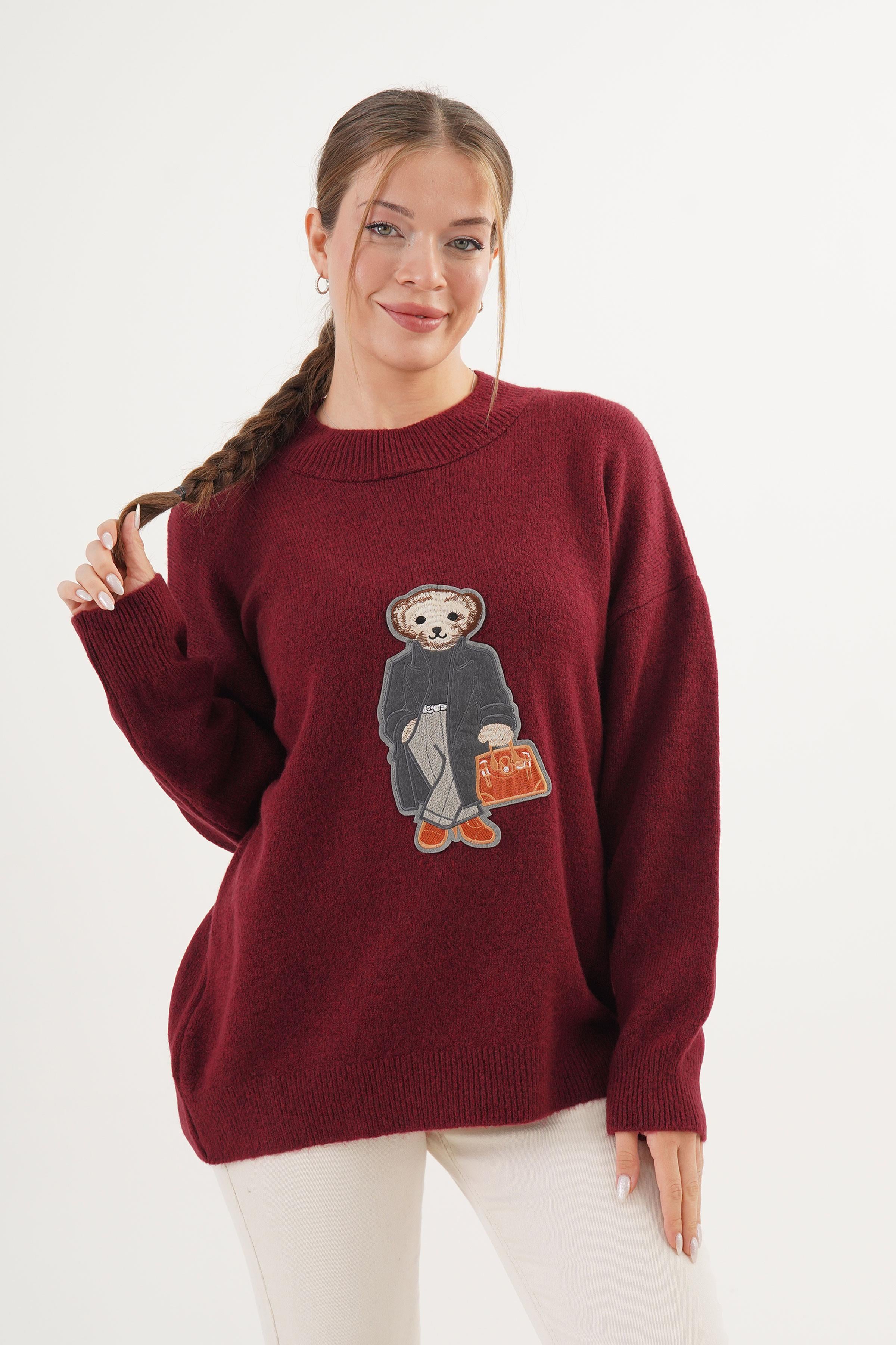 Ayıcık Nakışlı Bisiklet Yaka Toptan Bordo Triko Kazak