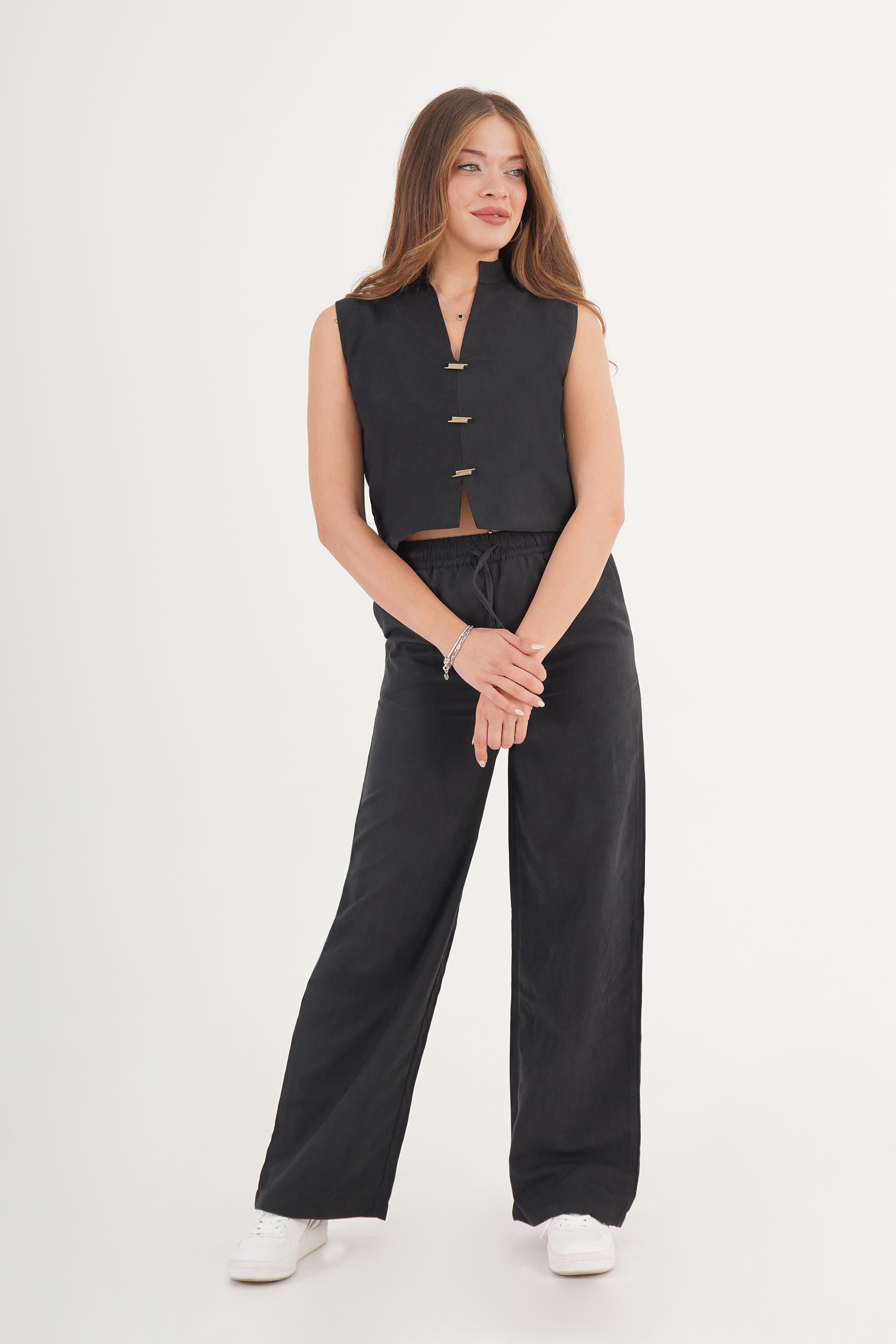 Kolsuz Yelek Bol Pantolon Süet Siyah Toptan Takım