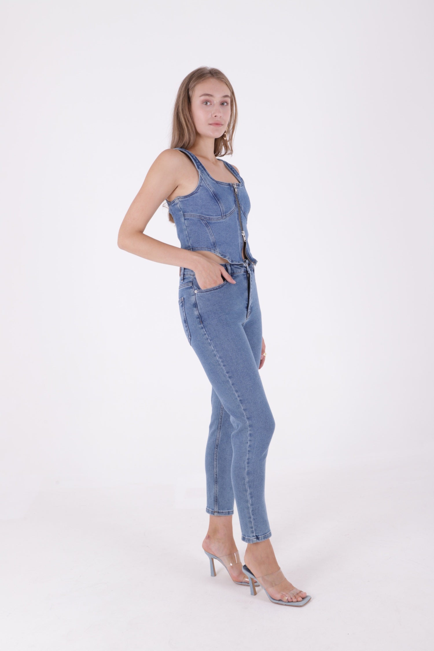 Comfort Slim Kot Pantolon - Düz Orta Mavi Rins - (26-31) - 4