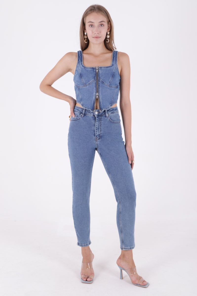Comfort Slim Kot Pantolon Düz Orta Mavi Rins