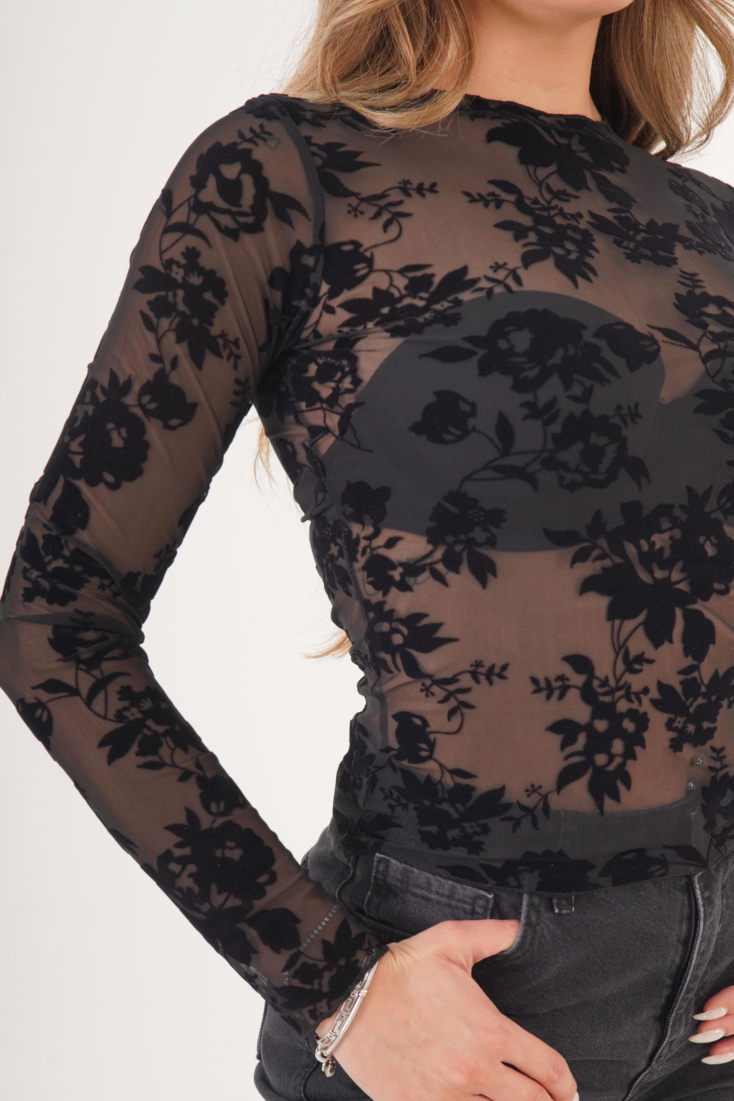 Transparan Çiçek Detaylı Siyah Toptan Bluz