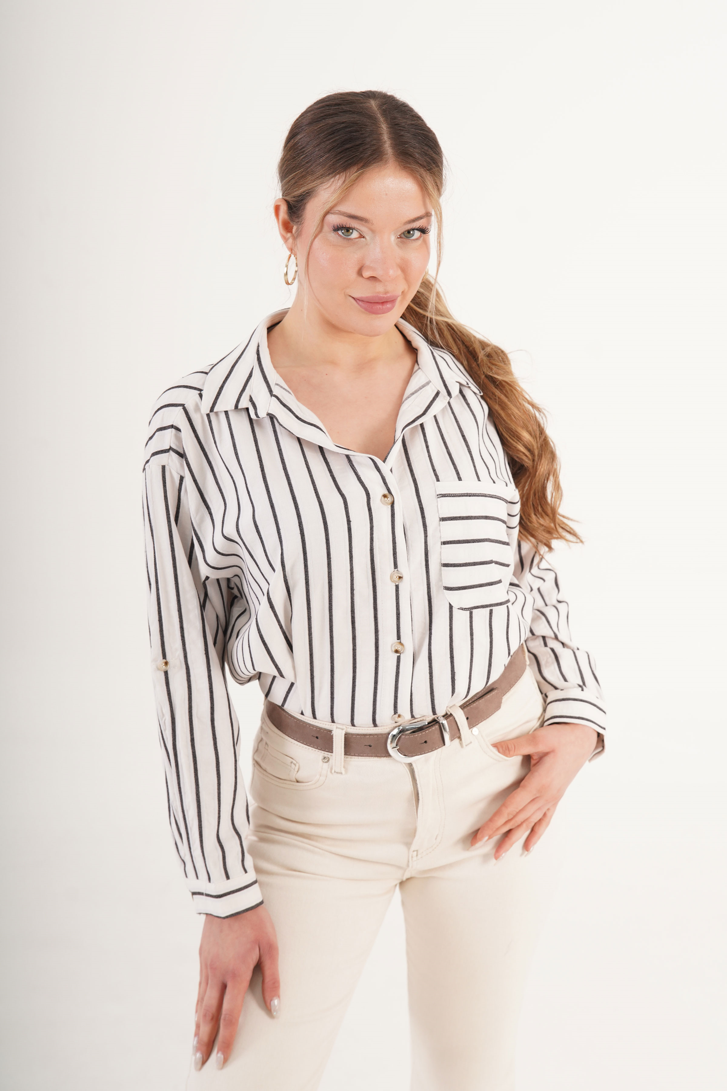 Keten Siyah Çizgili Cepli Dökümlü Toptan Gömlek Siyah S