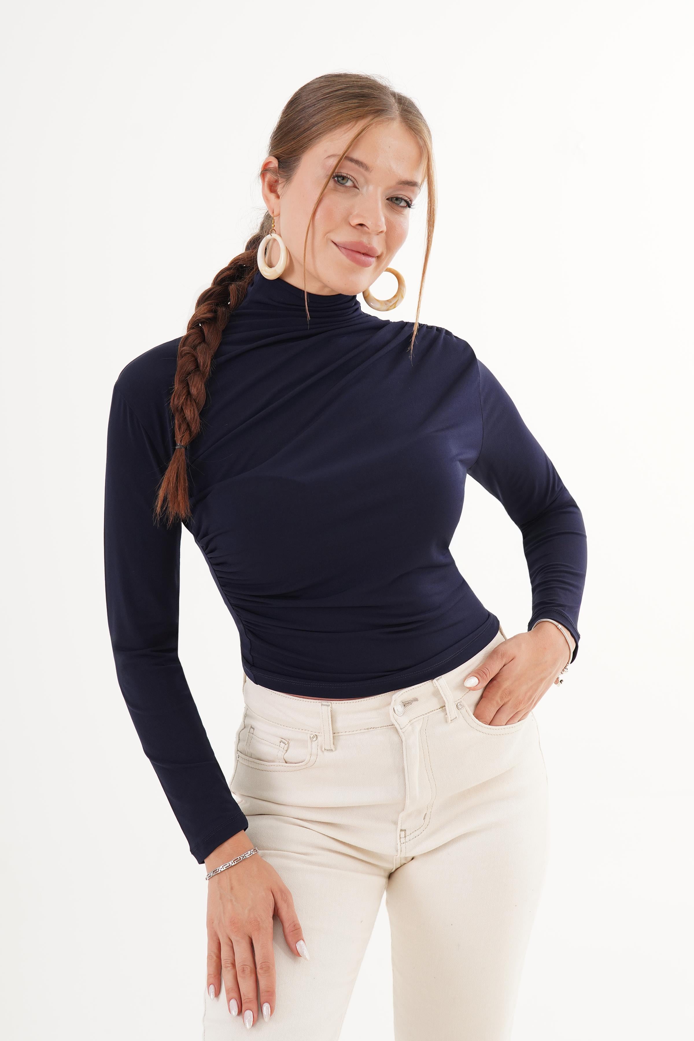 Omuz Ve Bel Büzgülü Dik Yaka Toptan Lacivert Bluz Lacivert S