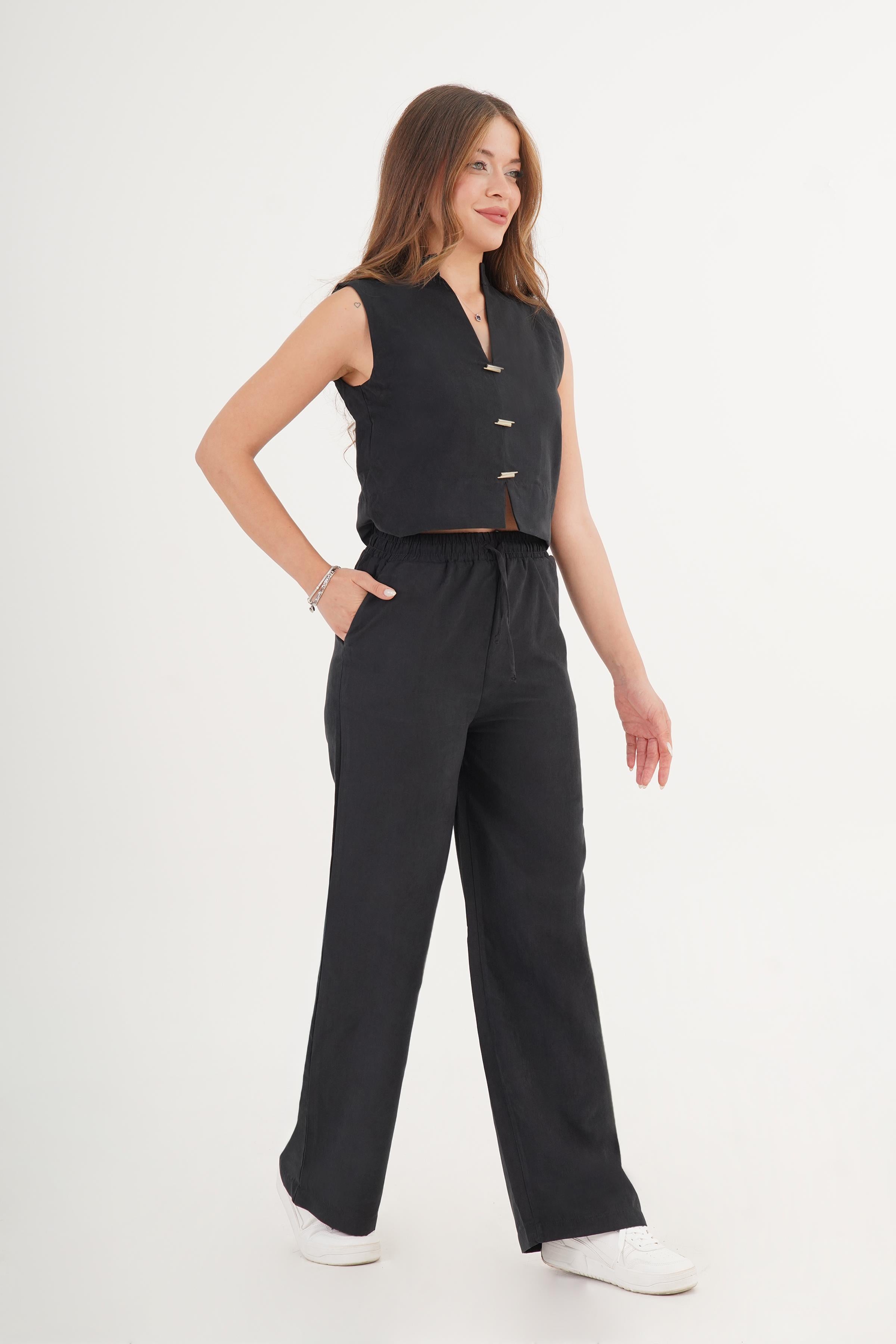 Kolsuz Yelek Bol Pantolon Süet Siyah Toptan Takım Siyah S