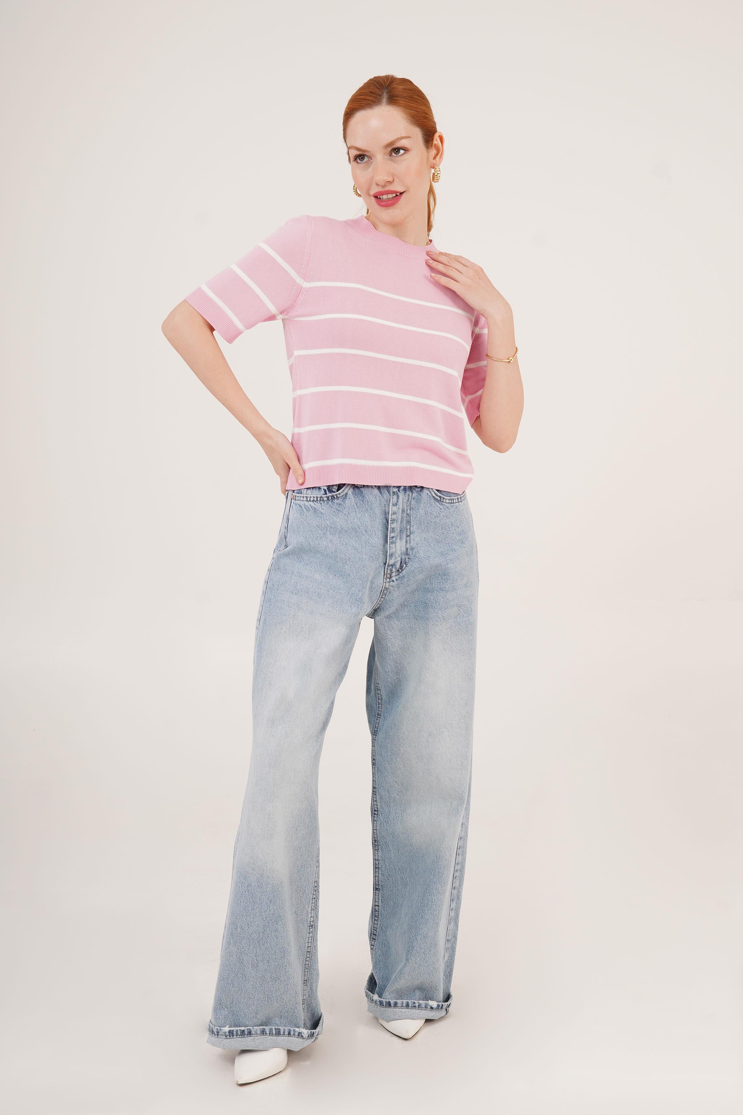 Çizgili Kısa Kol Pembe Toptan Bluz