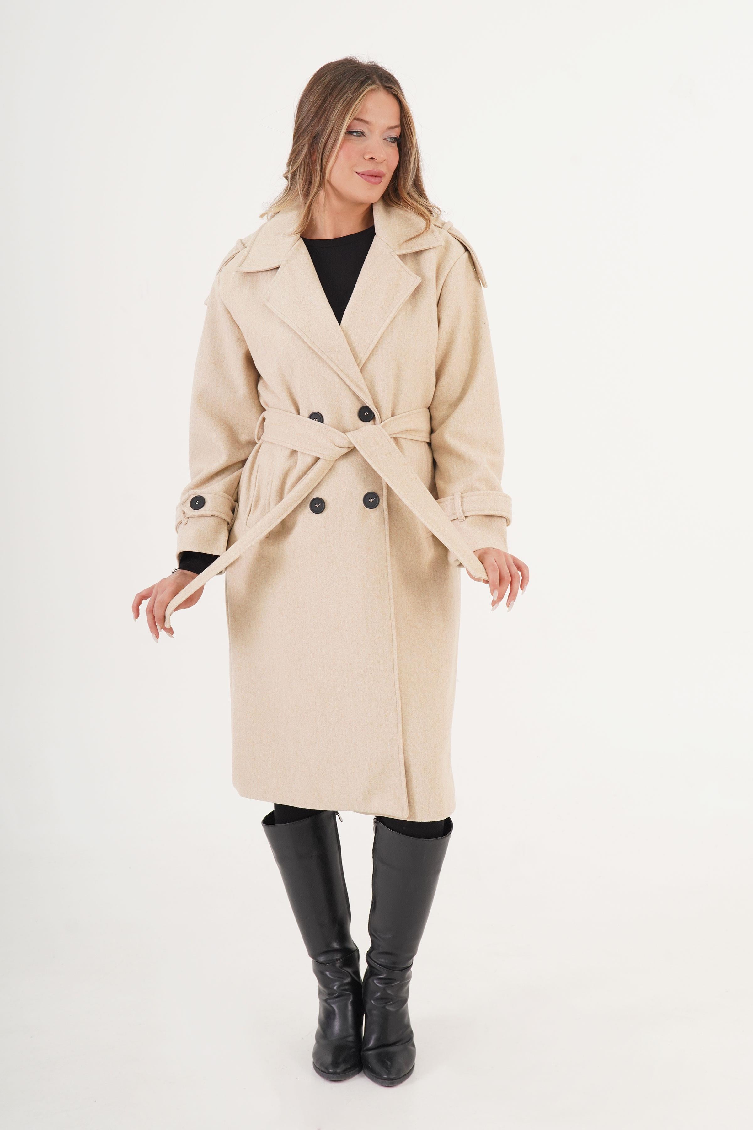 Apolet Detaylı Kuşaklı Toptan Taş Kaşe Kaban