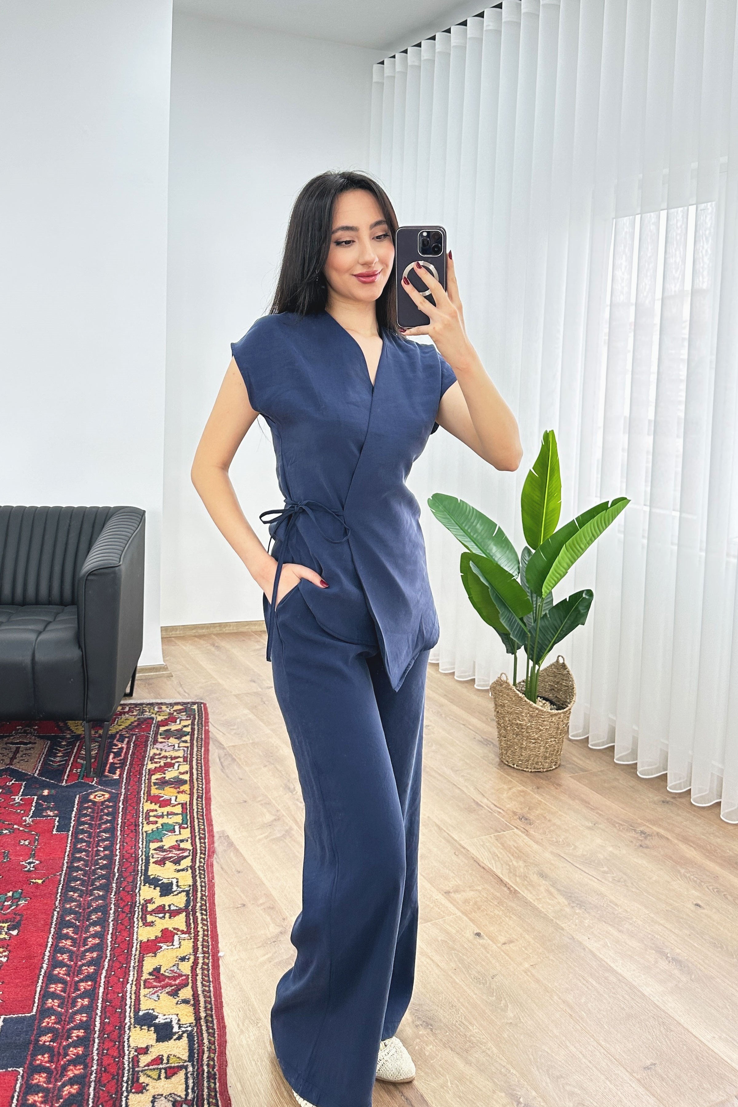Modal Tek Düğme Kapamalı Oversize Lacivert Toptan Takım