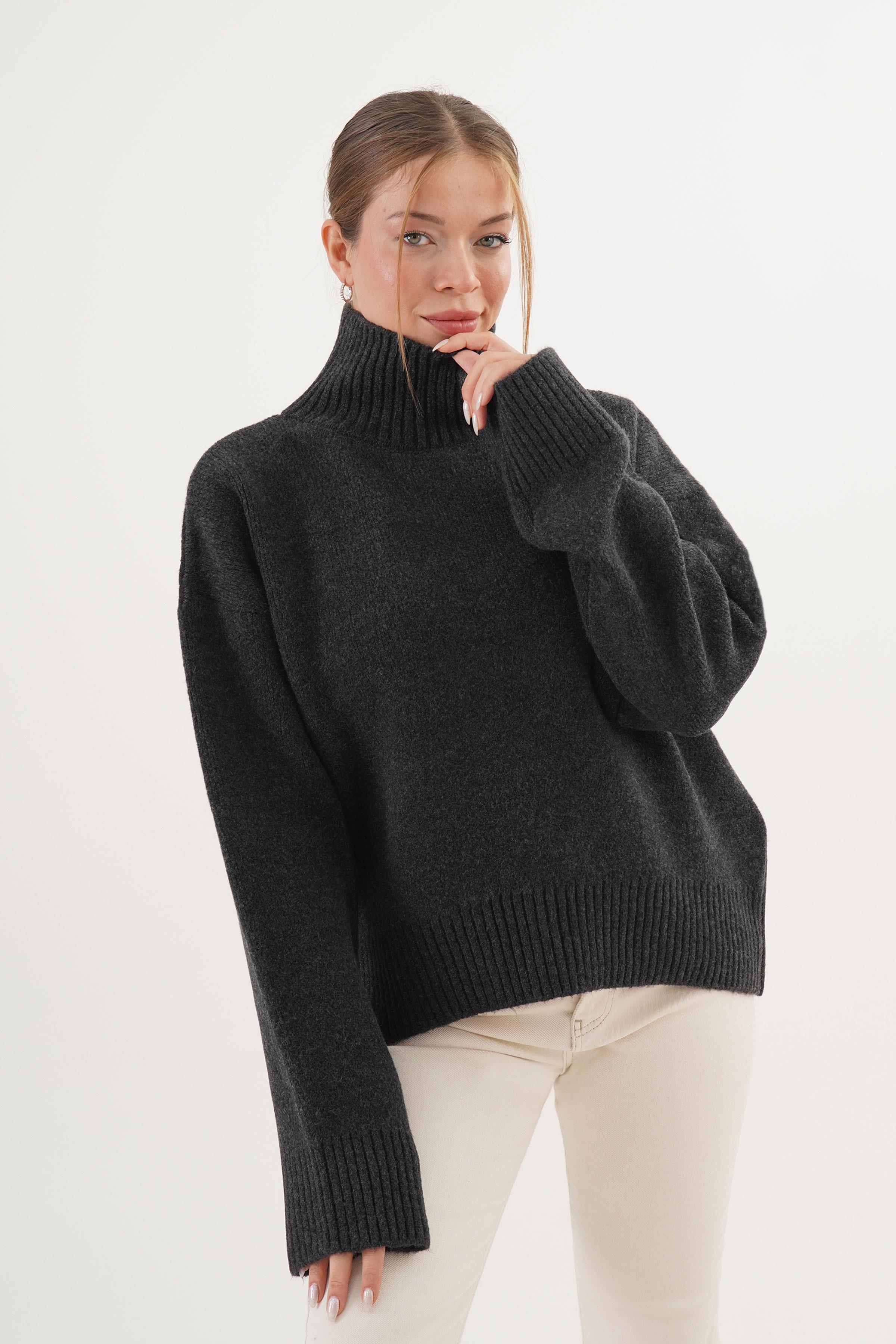 Yarım Balıkçı Yaka Kalın Toptan Antrasit Triko Kazak Antrasit STD