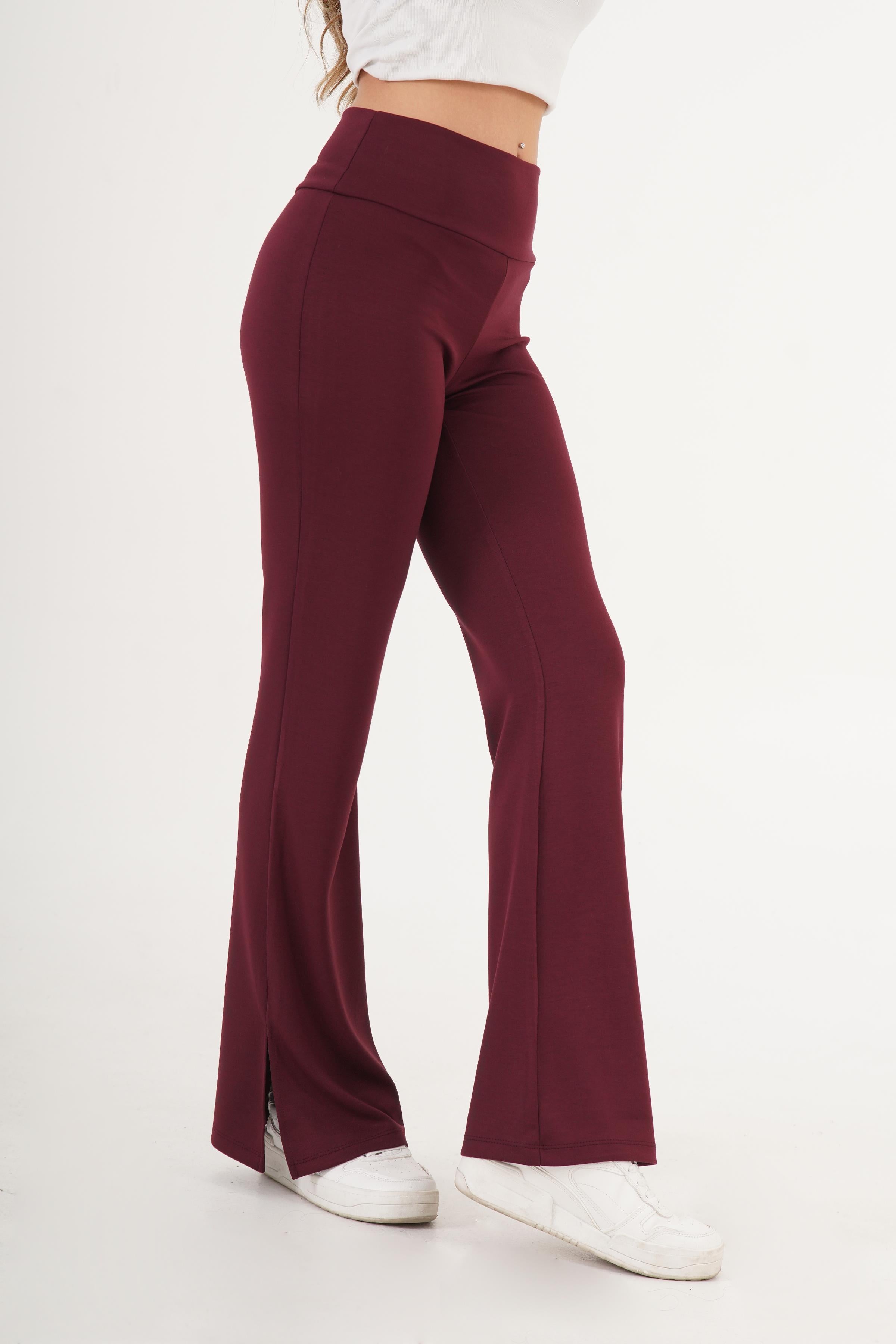 Yüksek Bel Bilek Yırtmaçlı Esnek Bordo Pantolon