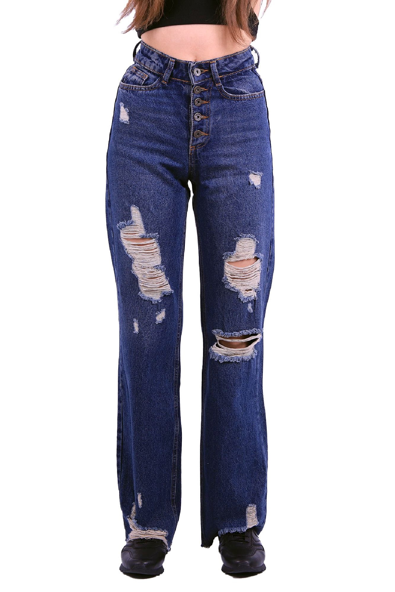 Yırtık 5 Düğmeli Relax Pantolon - Orta Mavi ve Tintli - (27-32) - 2