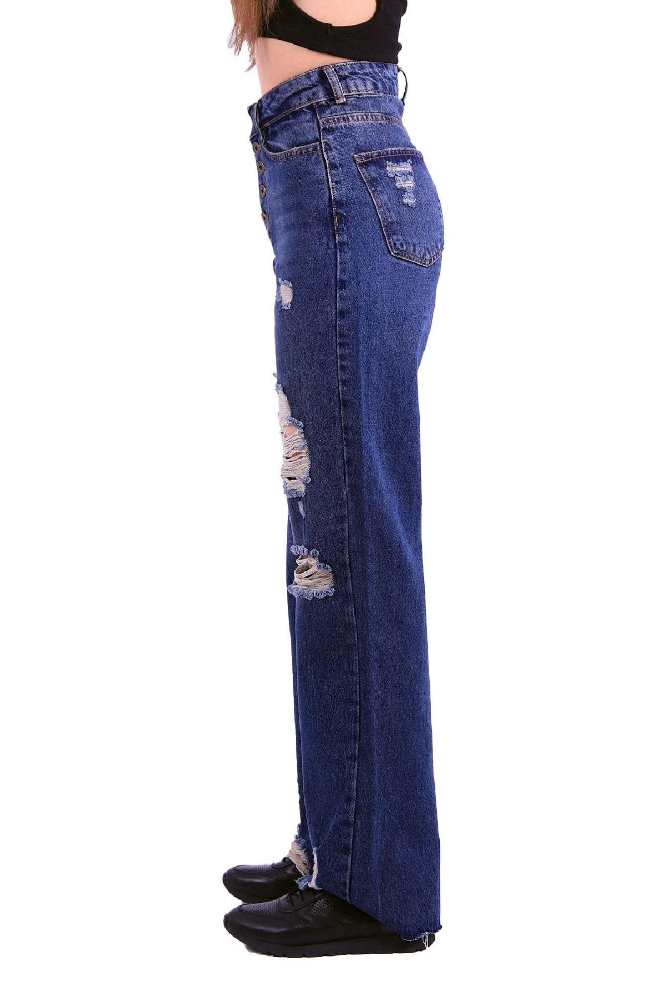 Yırtık 5 Düğmeli Relax Pantolon - Orta Mavi ve Tintli - (27-32) - 3