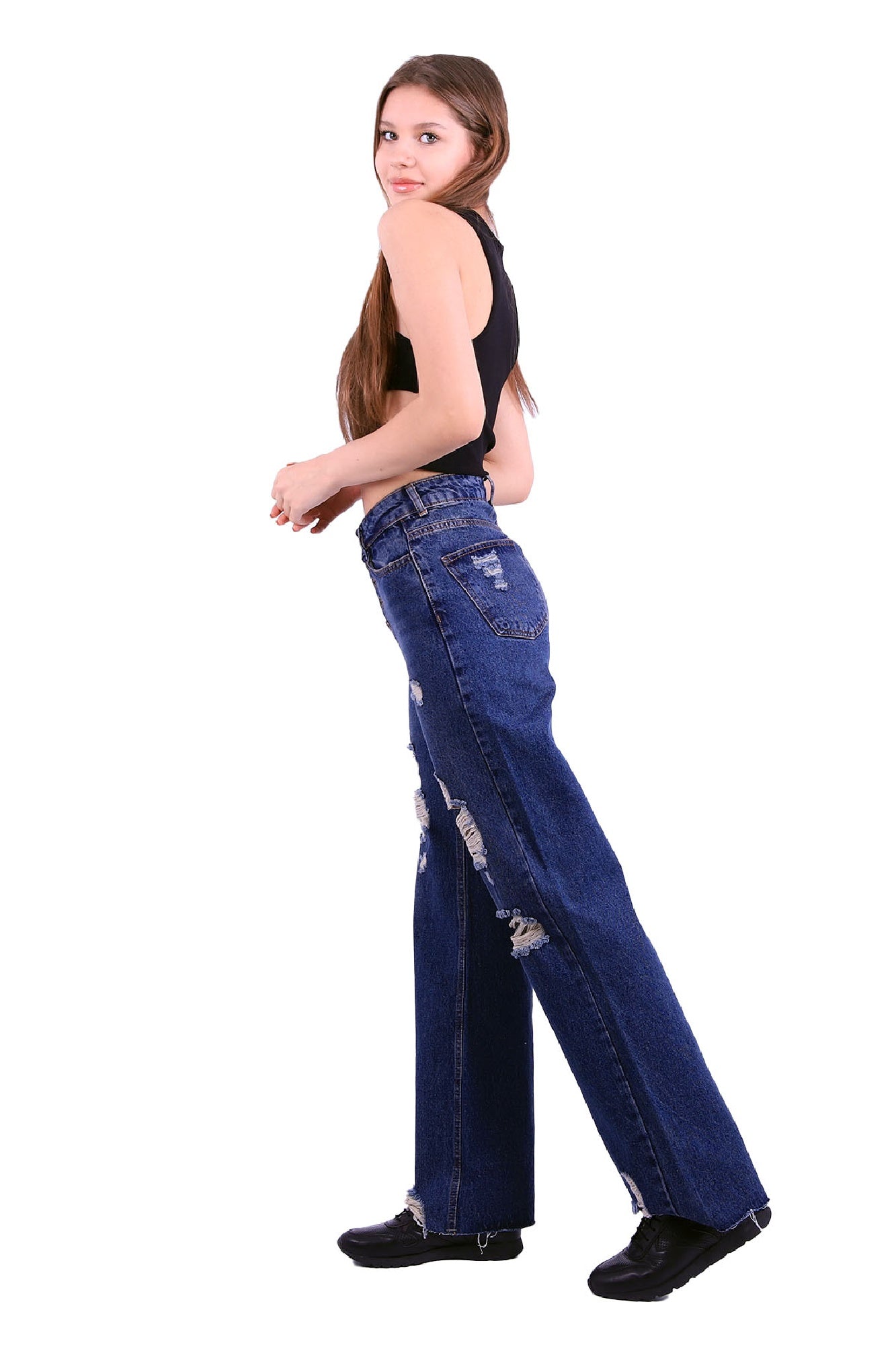 Yırtık 5 Düğmeli Relax Pantolon - Orta Mavi ve Tintli - (27-32) - 5