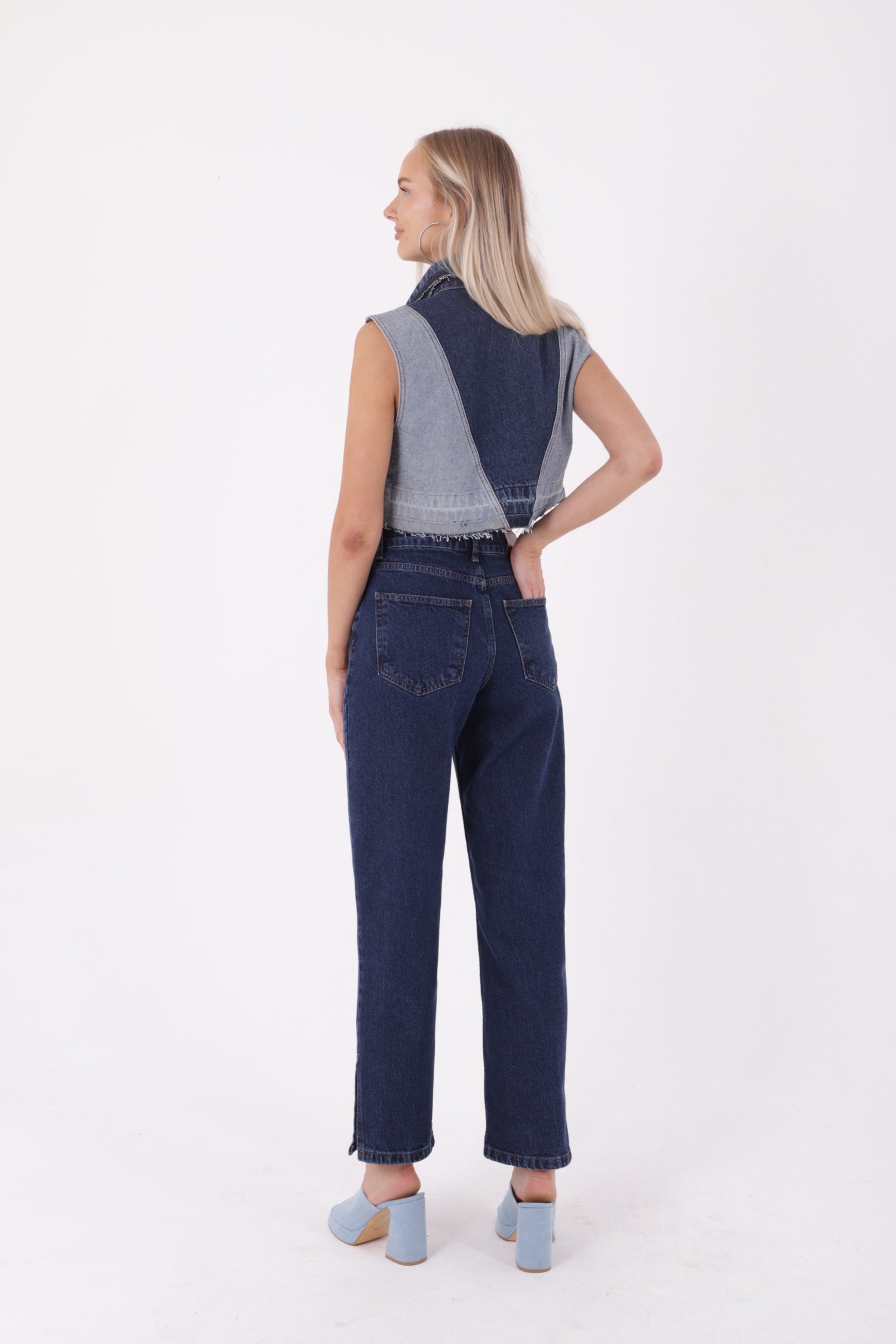 Paçası Yırtmaçlı Boru Paça Relax Kot Pantolon - Düz Koyu Rins - (27-32) - 3