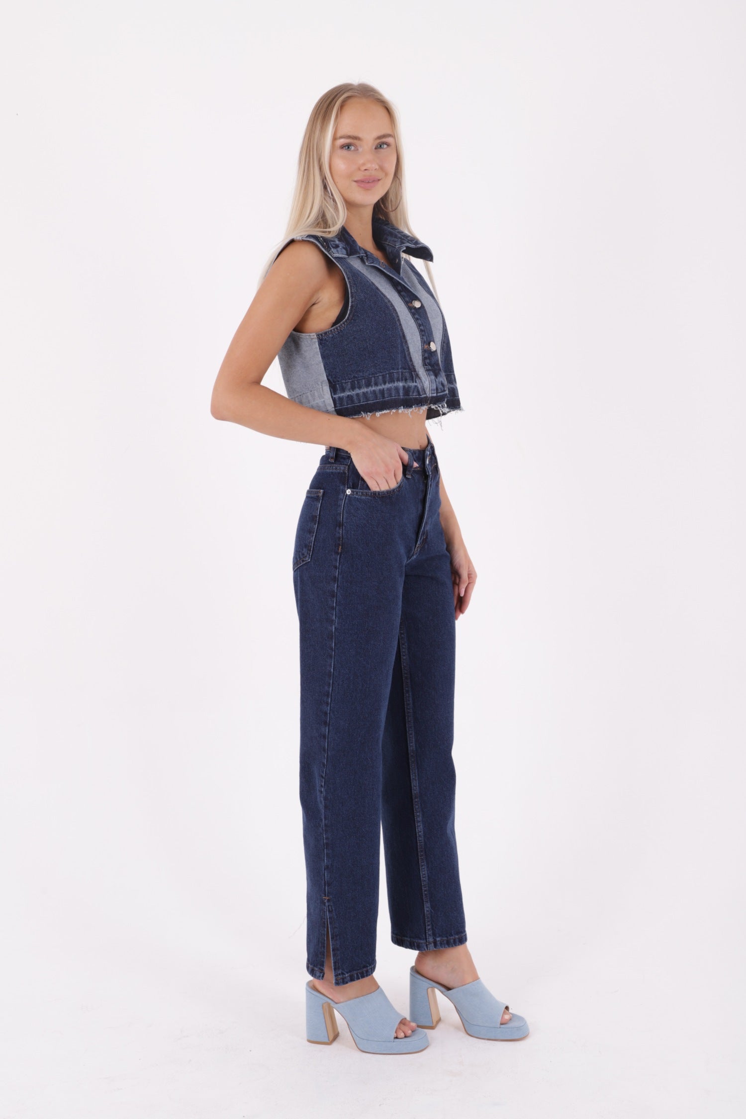 Paçası Yırtmaçlı Boru Paça Relax Kot Pantolon - Düz Koyu Rins - (27-32) - 4