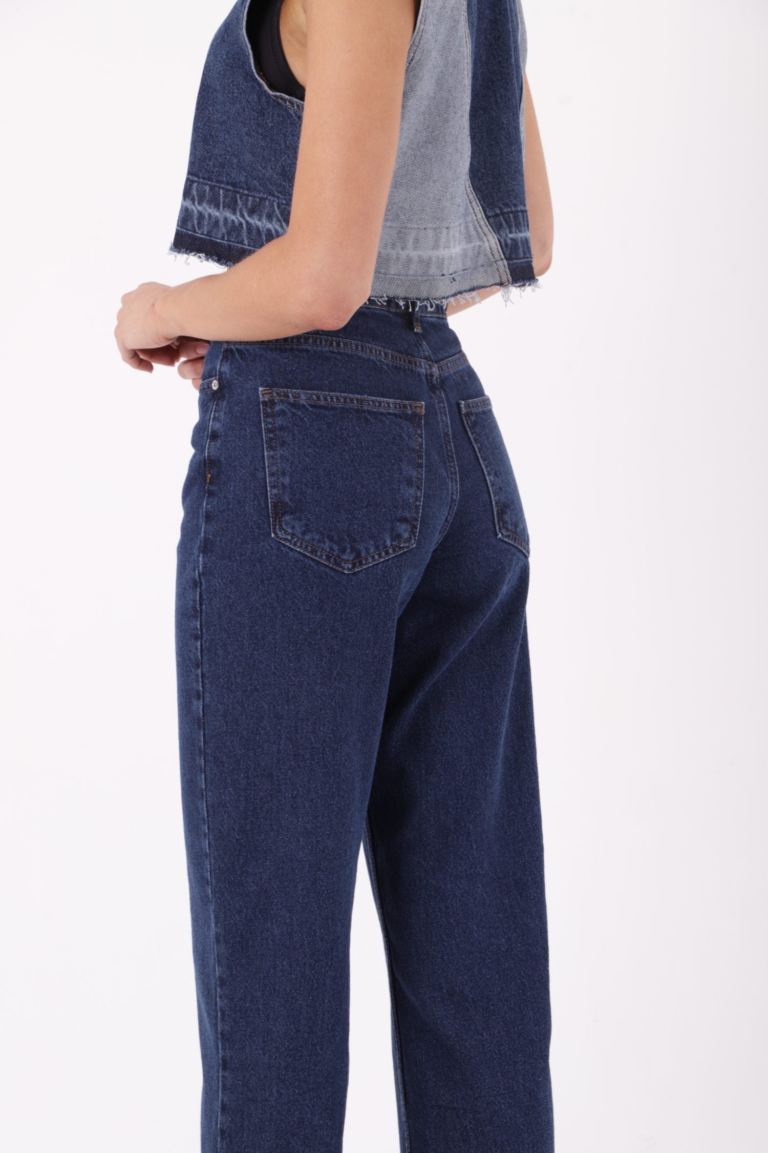 Paçası Yırtmaçlı Boru Paça Relax Kot Pantolon - Düz Koyu Rins - (27-32) - 5
